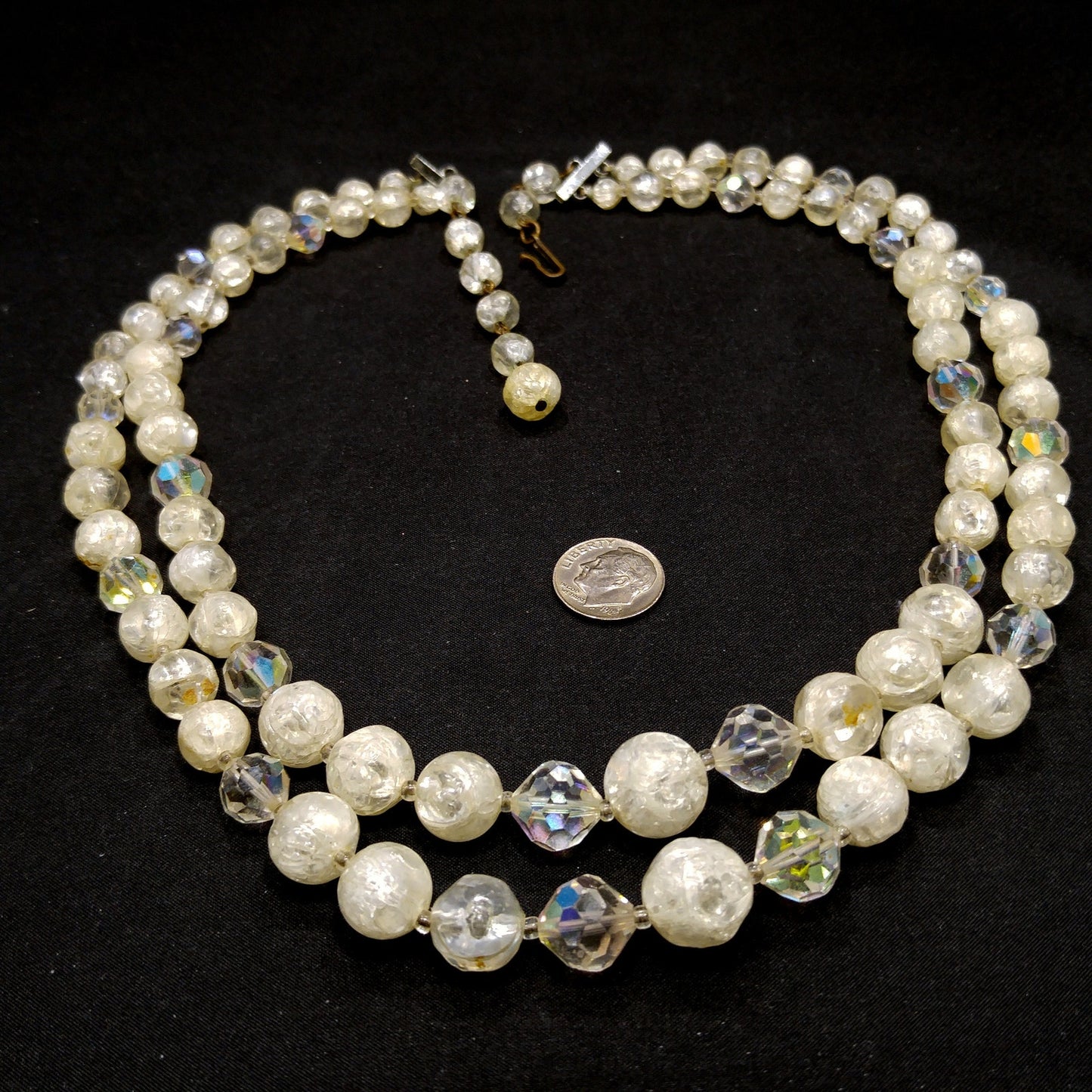 Laguna Crystal Bead Faux Crackle Glass Necklace, Lucite Beads, 1950s Vintage Jewelry
