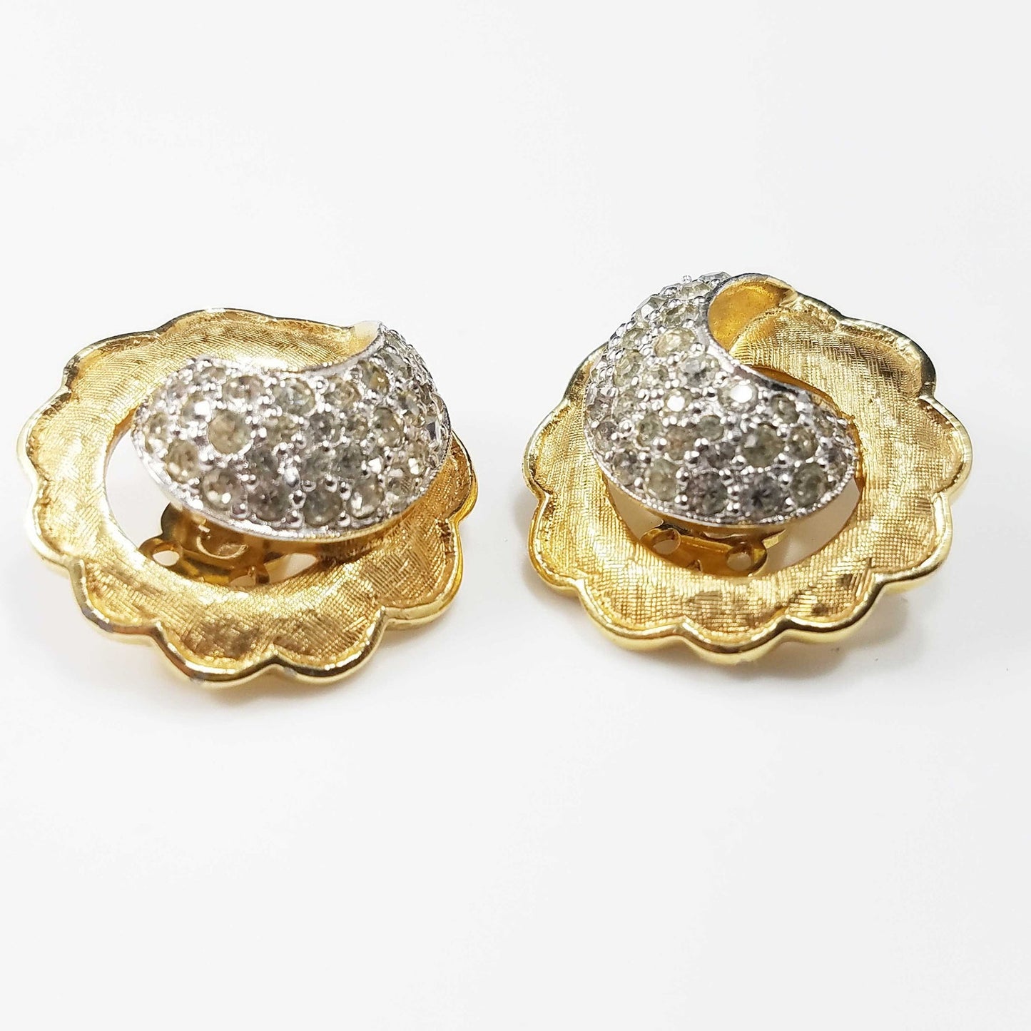 Vintage Jomaz Gold Plated Rhinestone Clip Earrings, Scalloped Edges, 1940s