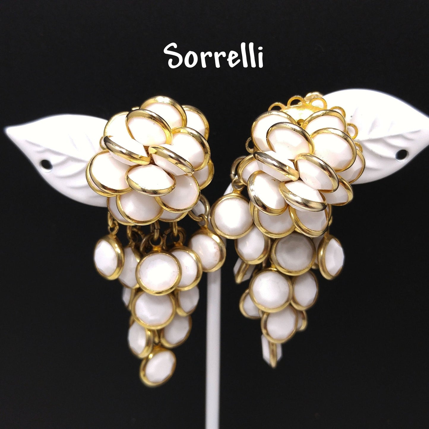 Vintage Sorrelli White Crystal Cluster Clip Earrings 1990s Gold Tone Signed