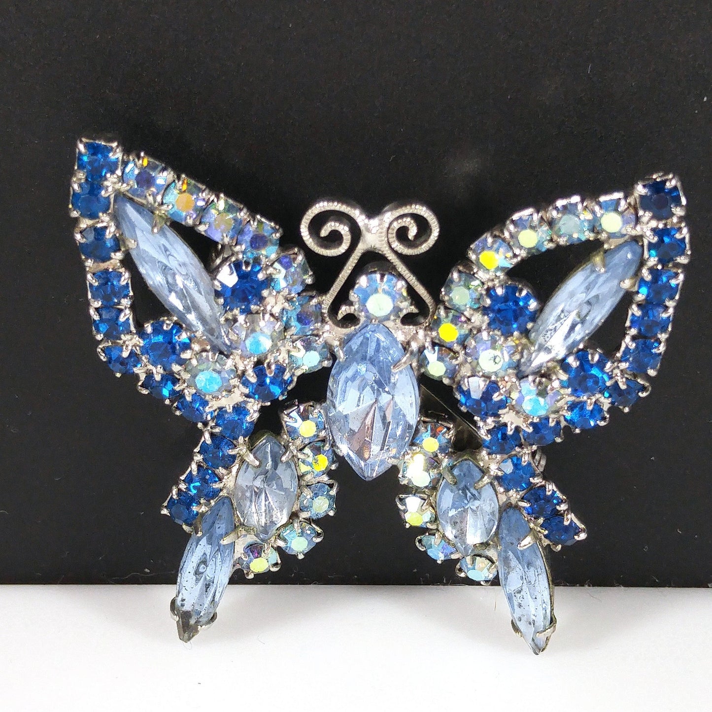 Blue Butterfly Brooch, Aurora Borealis, Rhodium Plated, 1960s Vintage Jewelry