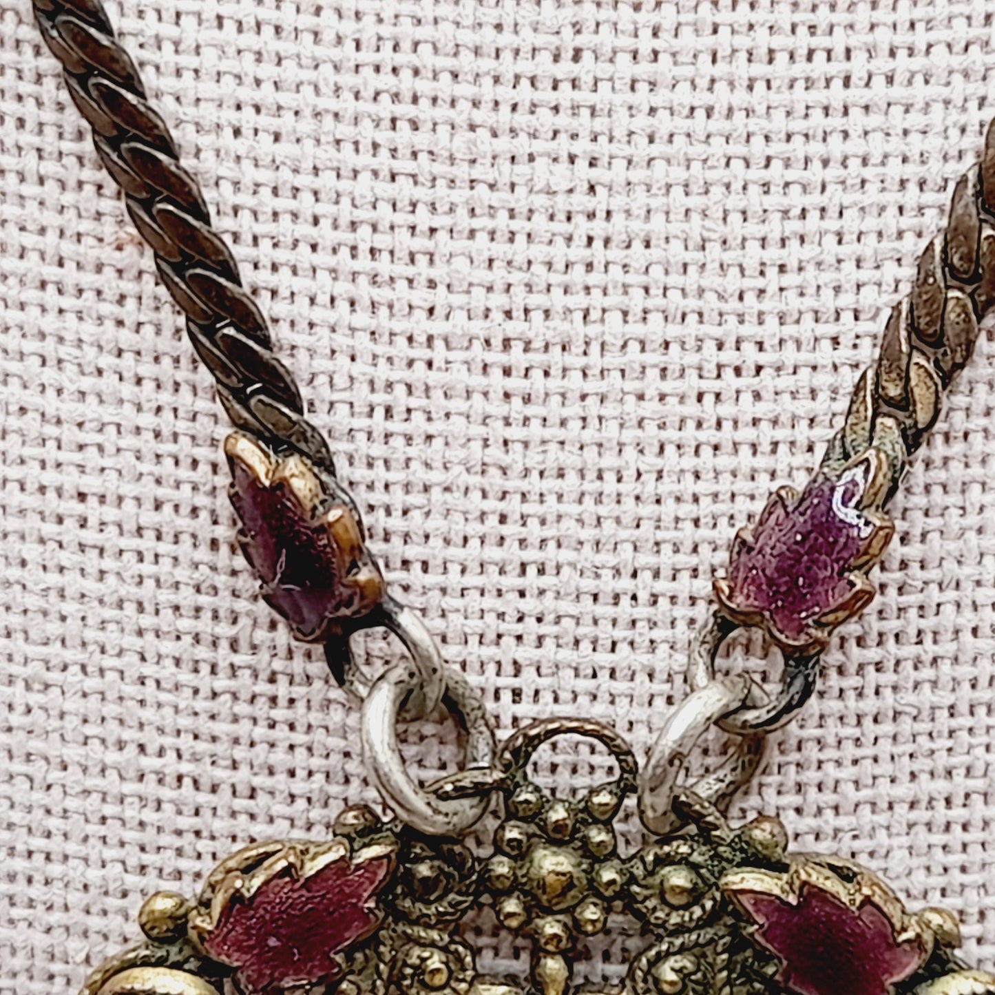 Antique Victorian Purple Glass Enamel Filigree Pendant Necklace, 27 Inches