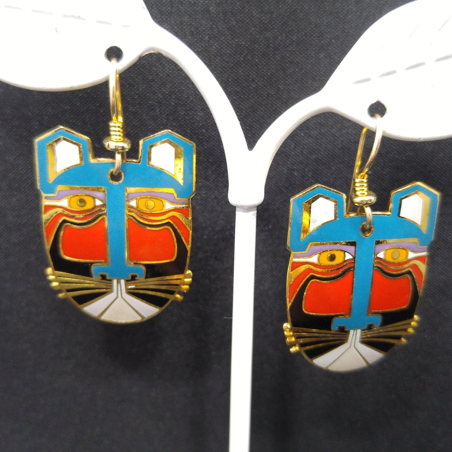 Laurel Burch "Miikio" Earrings, Gold Plated Enamel Large Cat Faces, 1980s Vintage Jewelry