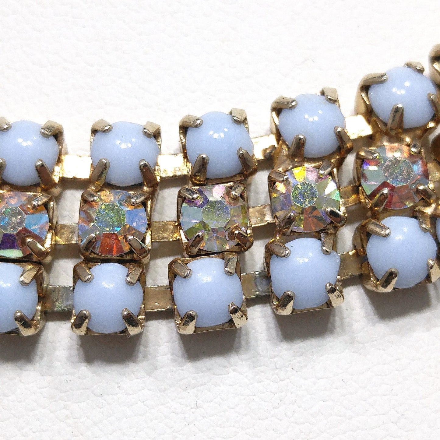 Aurora Borealis Rhinestone Necklace Earrings Set, Light Blue Cabochons, Mid Century, 1960s Vintage Jewelry