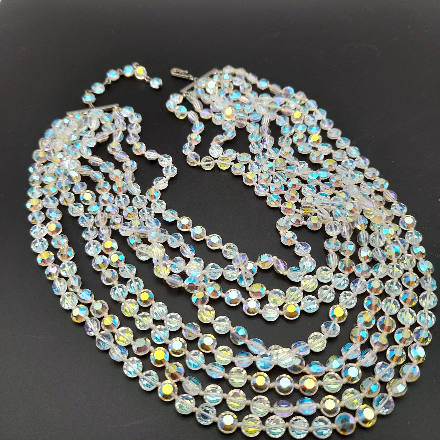 Vintage Flat Crystal Eight Strand Necklace, Hand-knotted, Aurora Borealis