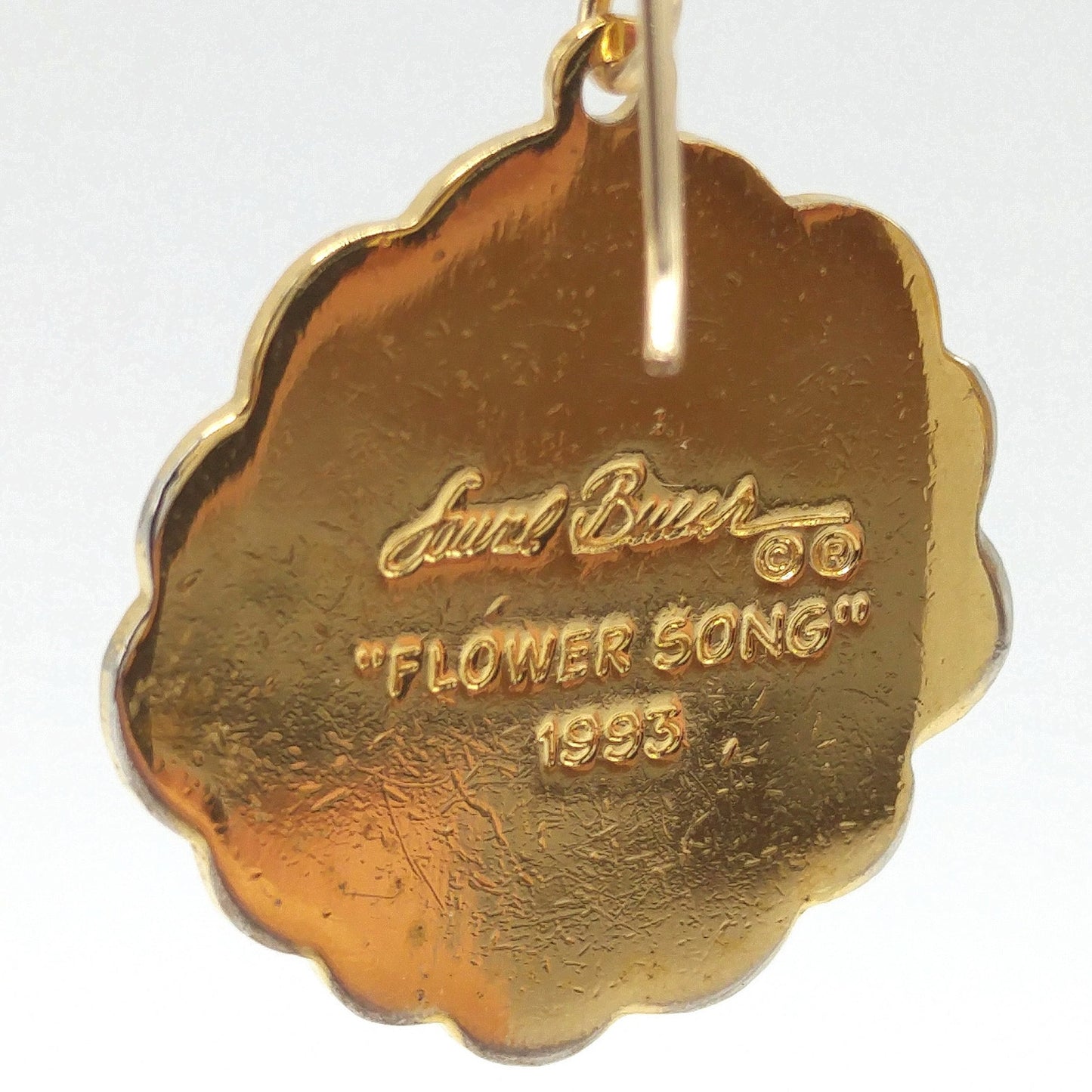 Laurel Burch "Flower Song" 1993 Flower Earrings, Gold Plated, Yellow Purple Enamel, 1990s Vintage Jewelry