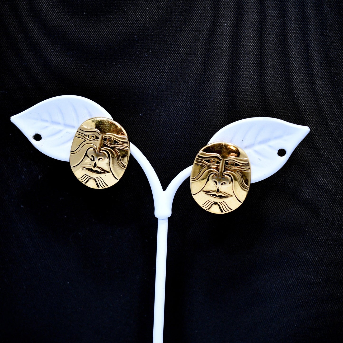 Laurel Burch Eiko Post Earrings, Gold Plated, Japanese Mask, 1980s Vintage