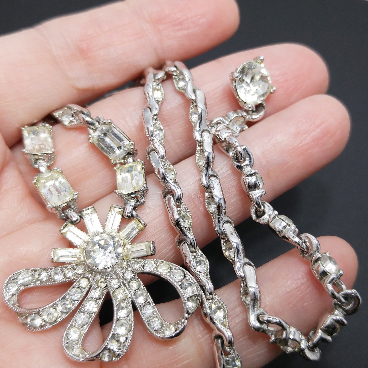 Bogoff Clear Rhinestone Pendant Choker Necklace, Rhodium Plated, 1950s Vintage