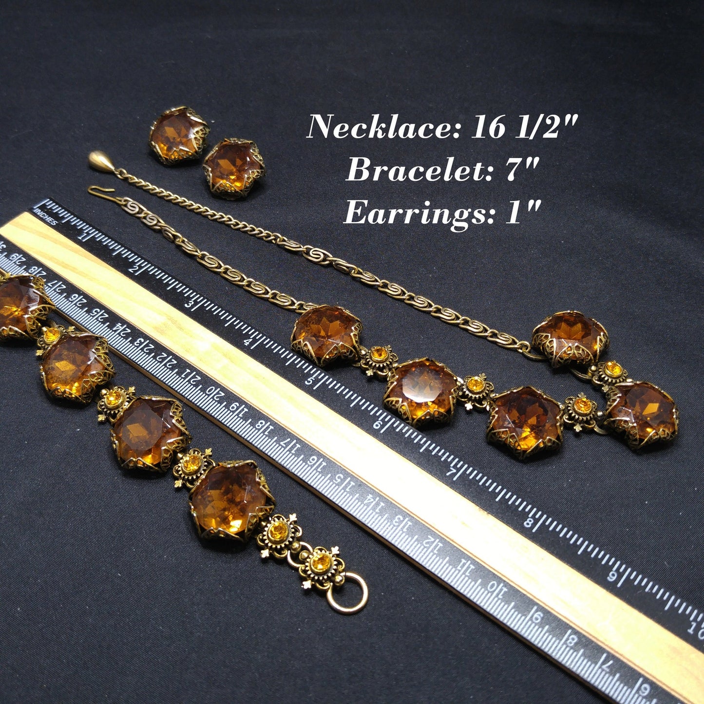 Vintage Topaz Glass Necklace Bracelet Earrings Set, Filigree Golden Brass, 1950s Vintage Jewelry