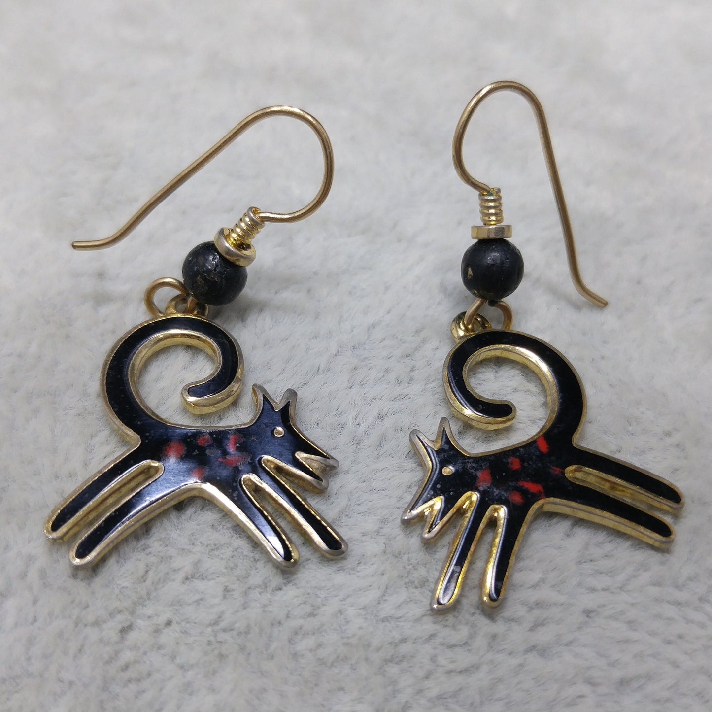 Vintage Laurel Burch Black Dog Earrings, Gold Plated, Cloisonne Enamel