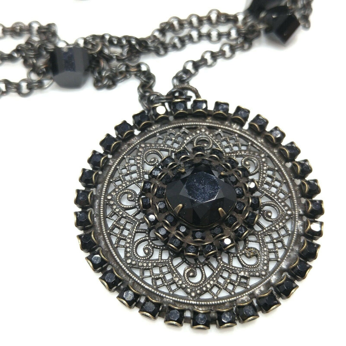 Liz Palacios Black Rhinestone Pendant Necklace, Multi-Strand, Vintage Jewelry