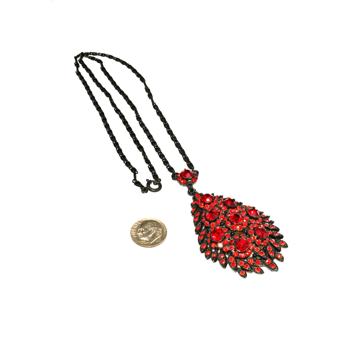 Rare Hollycraft Red Rhinestone Pendant Necklace, Black Enamel Japanned, 1950s Vintage Jewelry