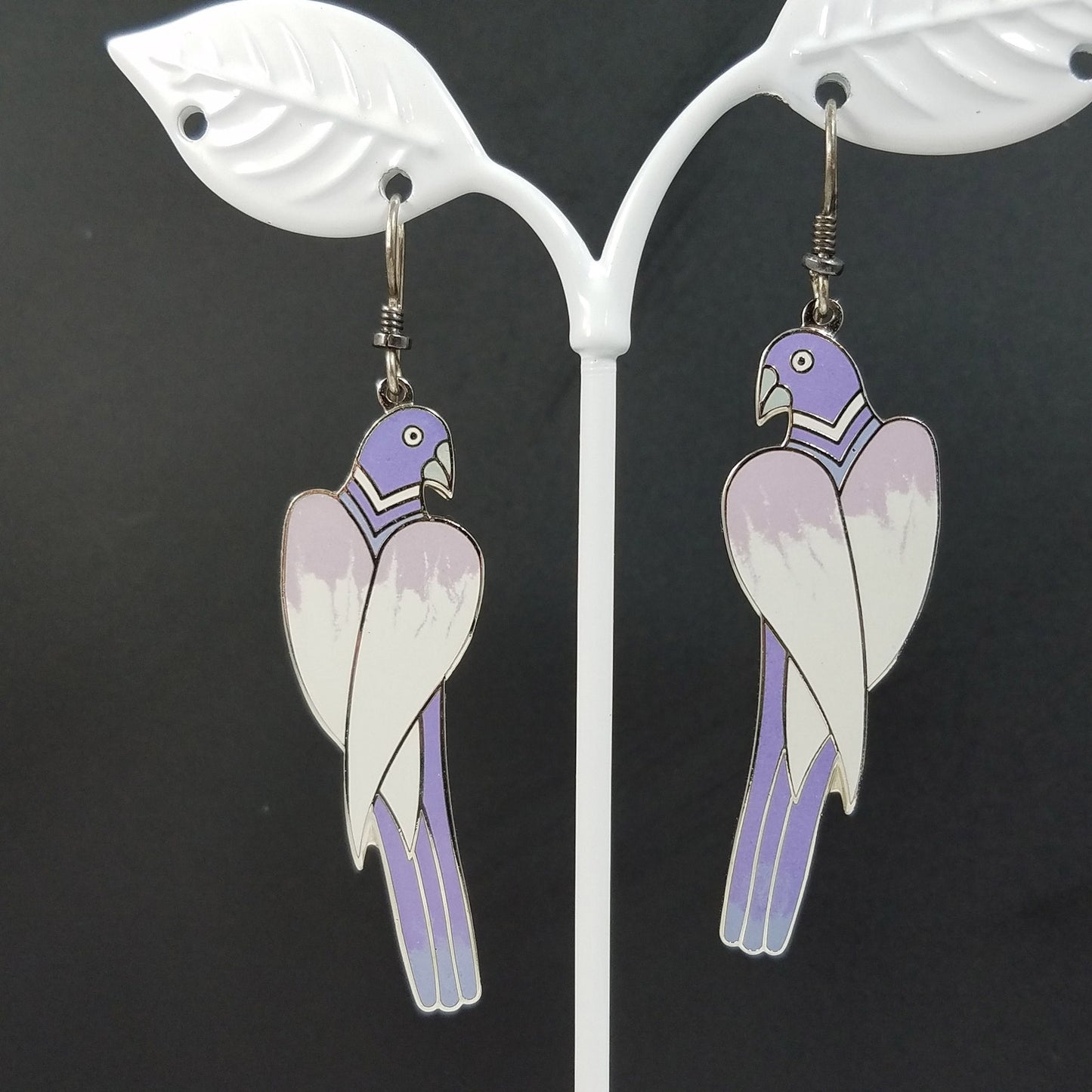 Laurel Burch "Cezanne" Parrot Earrings, Purple Lavender Cream Gray Enamel, Rhodium Plated Cloisonne Parrots, 1980s
