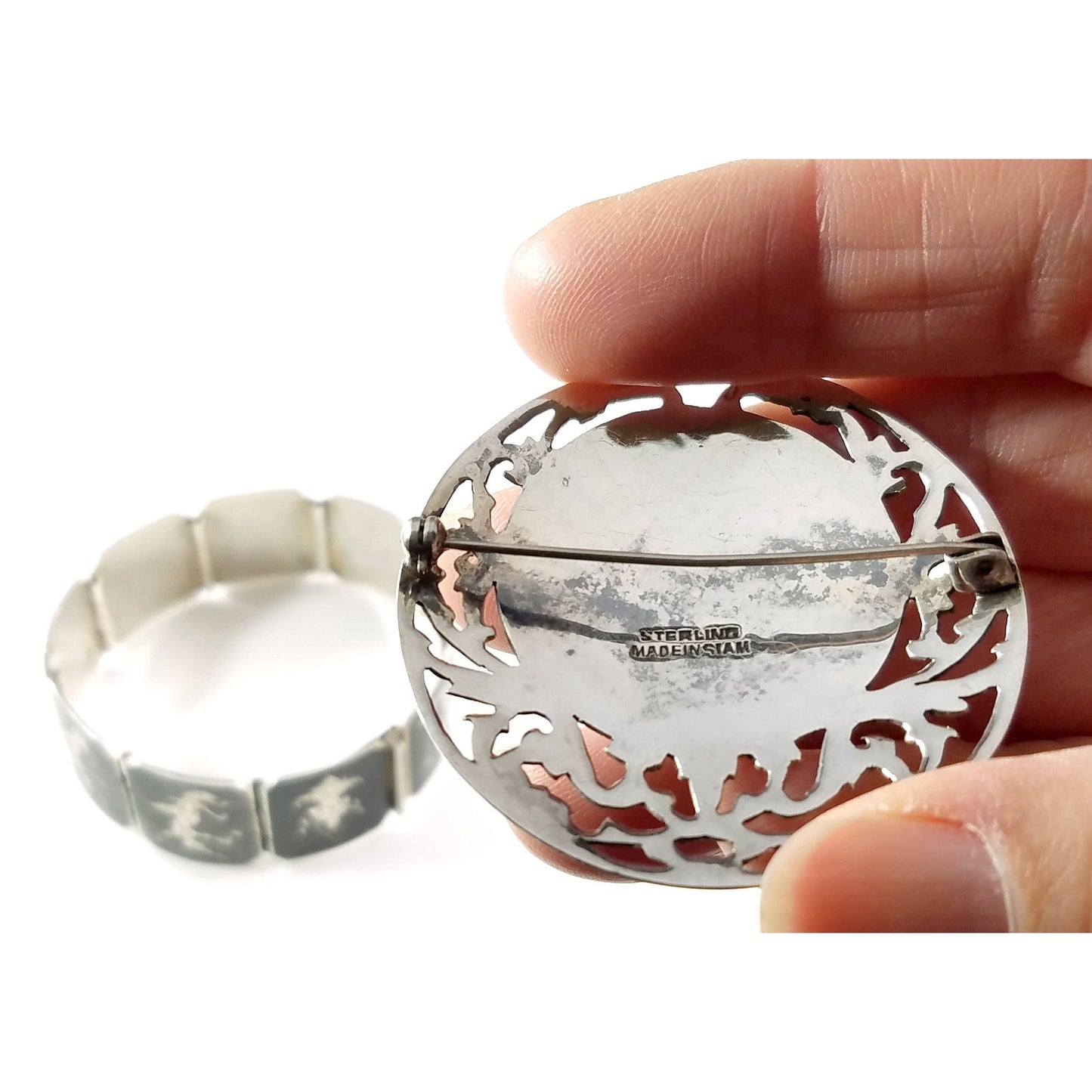 Sterling Silver Jewelry: Bracelet, Screw Back Earrings, Brooch, Stamped Sterling Made in Siam, 1930s Vintage Jewelry