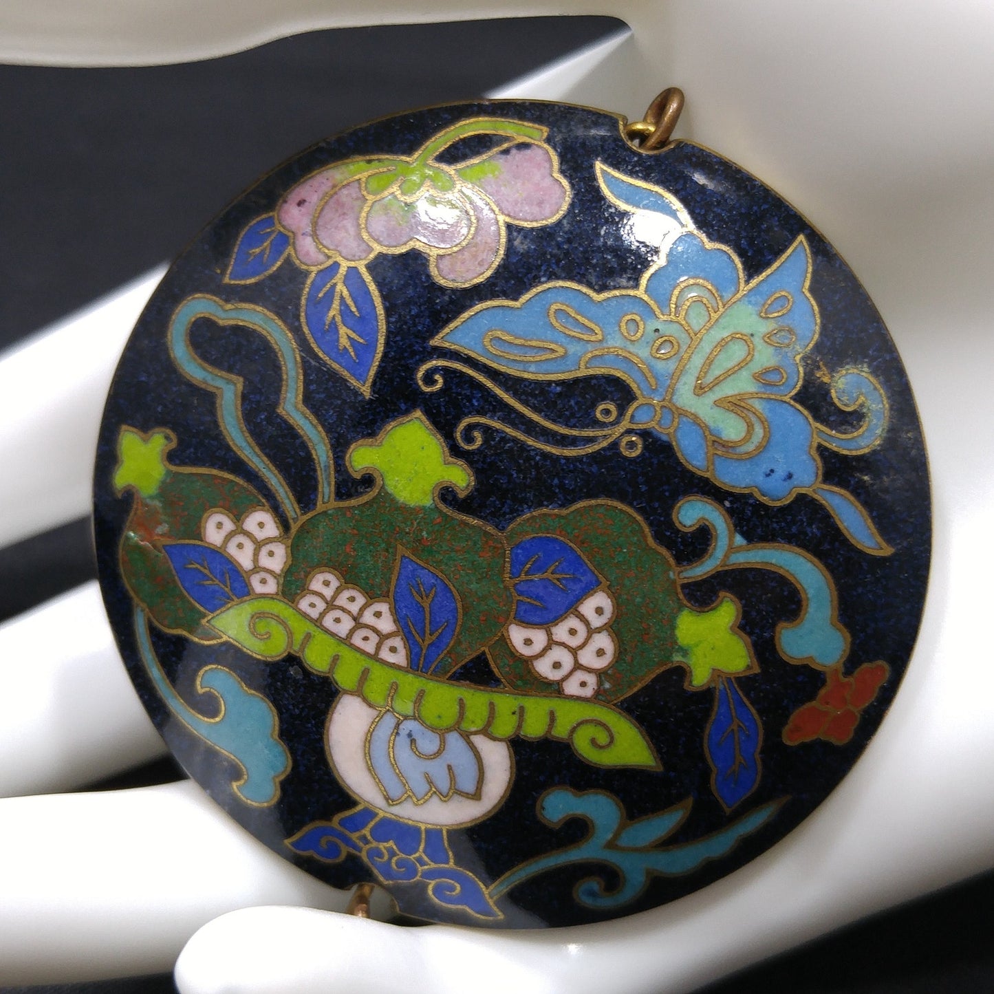 Vintage Cloisonné Double Sided Large Pendant, Blue Enamel Butterfly, 1960s Vintage Jewelry