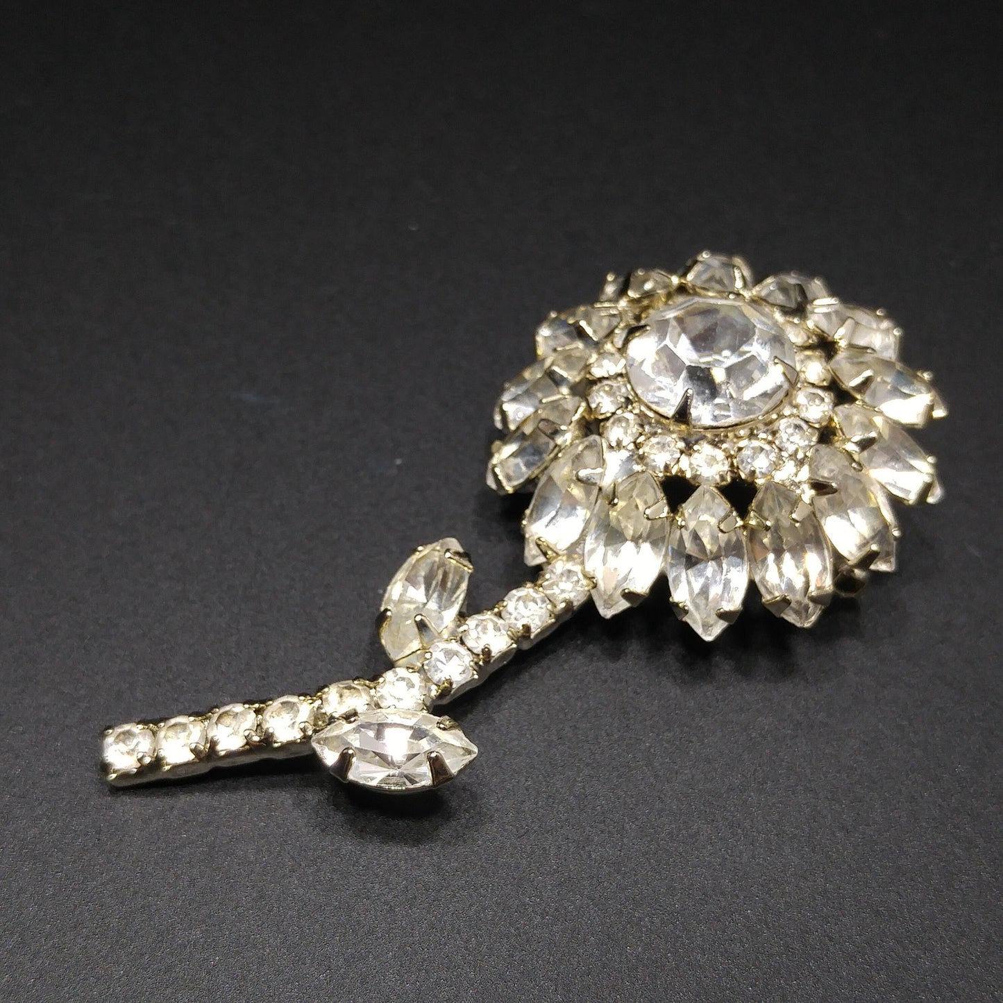 Clear Rhinestone Flower Brooch, Rhodium Plated, 1960s Vintage Jewelry