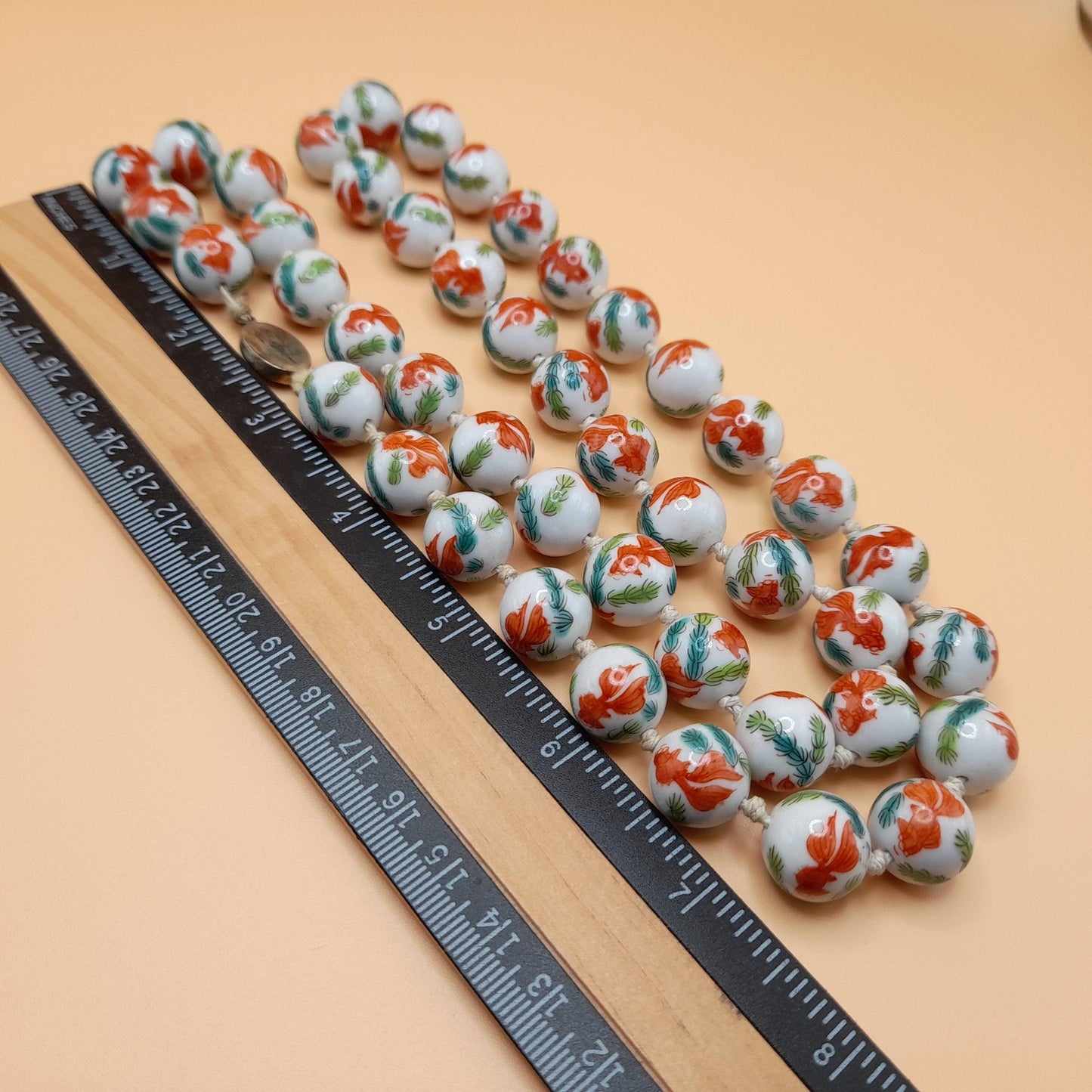 Hand Painted Koi Fish Bead Necklace, Ceramic Hand Knotted Vintage