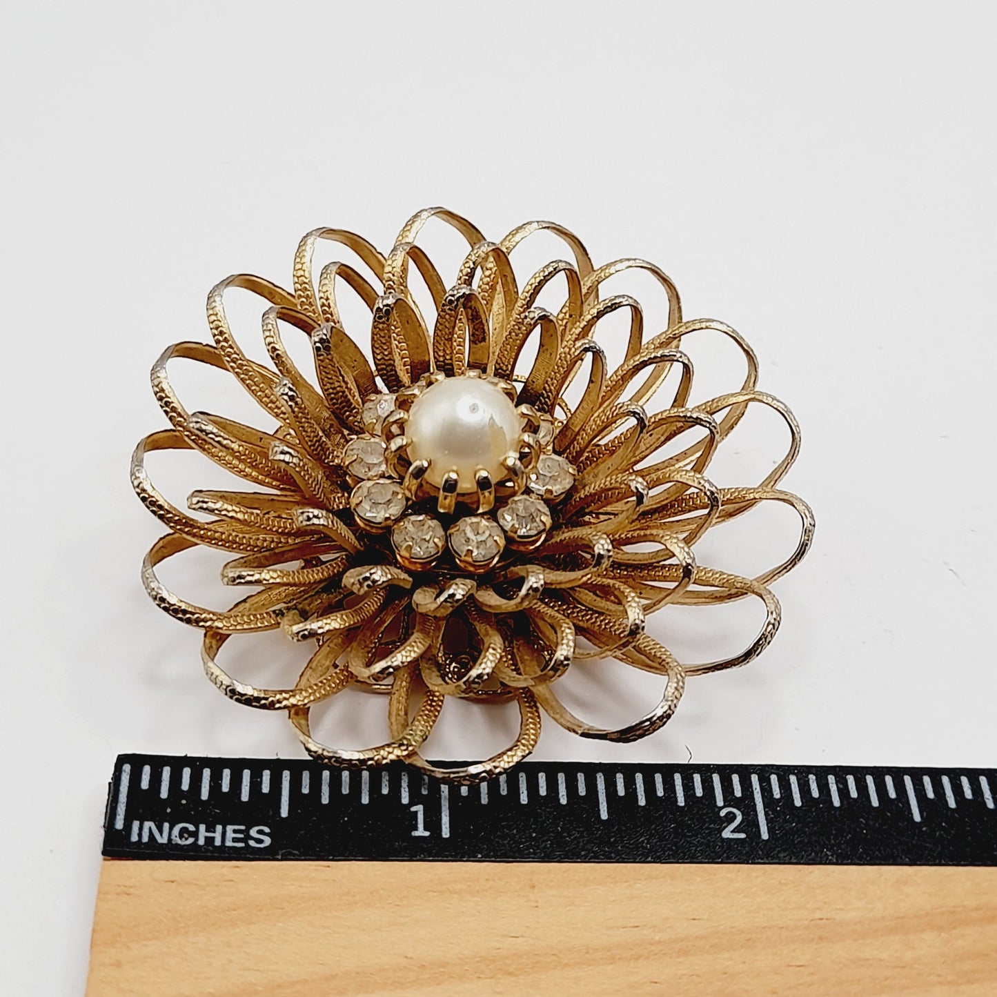 Vintage 1950s Gold Tone Floral Brooch, Faux Pearl Rhinestone Center, Mid-Century Jewelry