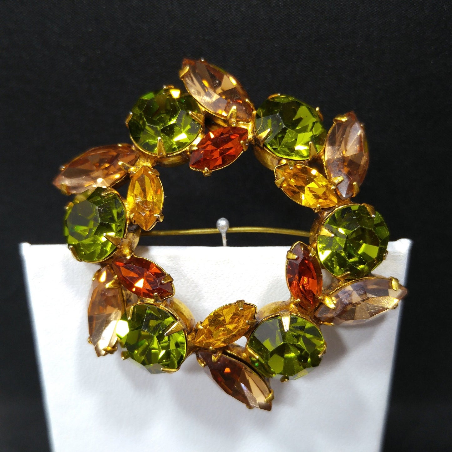 Vintage Regency Wreath Brooch, Green Topaz Citrine Crystal Rhinestones, 1950s Vintage Jewelry