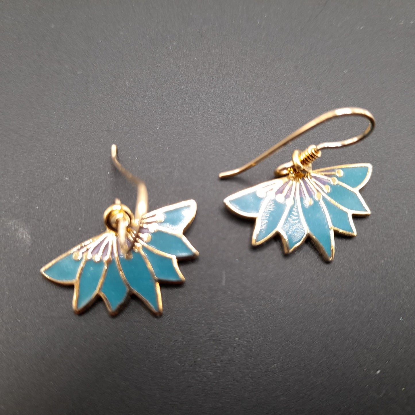 Vintage Laurel Burch Floral Earrings, Gold Plated, Teal Green Enamel