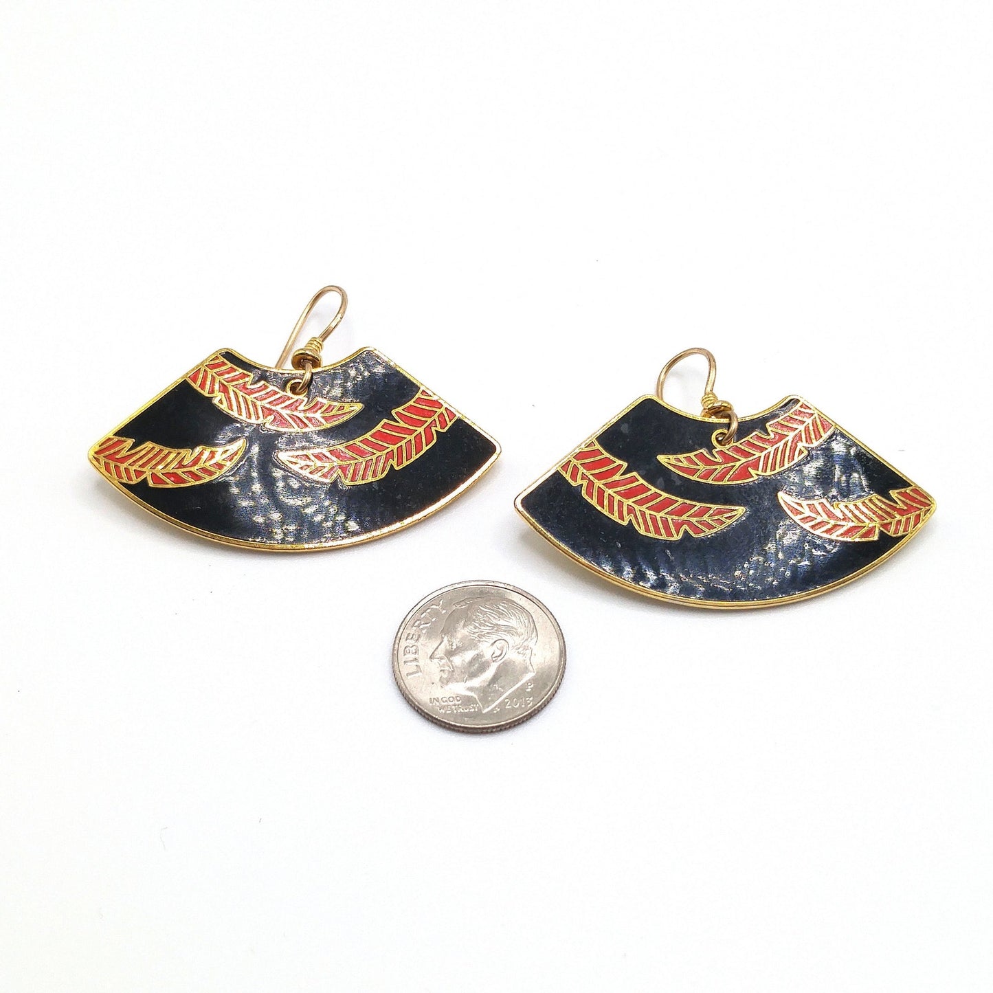 Laurel Burch "Palm Leaves" Earrings, Red Black Enamel, Gold Plated, 1980s Vintage Jewelry