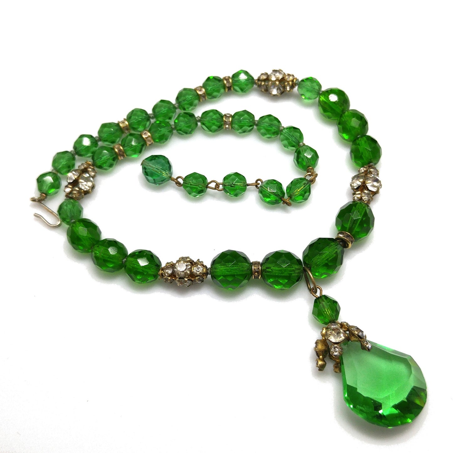 Green Czech Glass Pendant Necklace, Clear Rhinestones, 1950s Vintage Jewelry