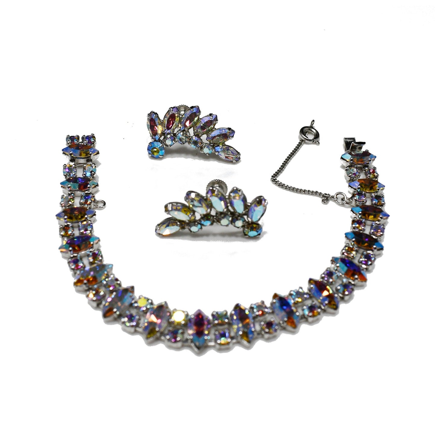 B. David Rhinestone Bracelet & Earrings Set, AB Crystals, Screw Back Earrings, 1950s