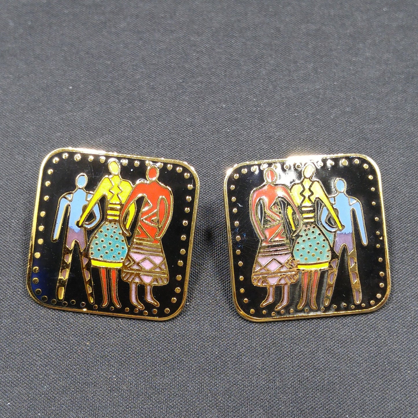 Vintage Laurel Burch "Familia" Post Earrings, Gold Plate Enamel