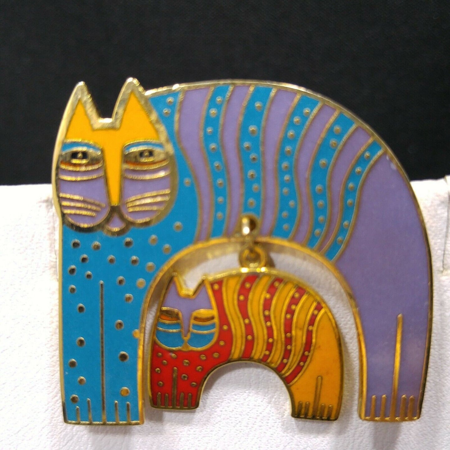 Laurel Burch Mr Jios Cat Vintage Brooch, Cloisonne Gold Plated 1980s