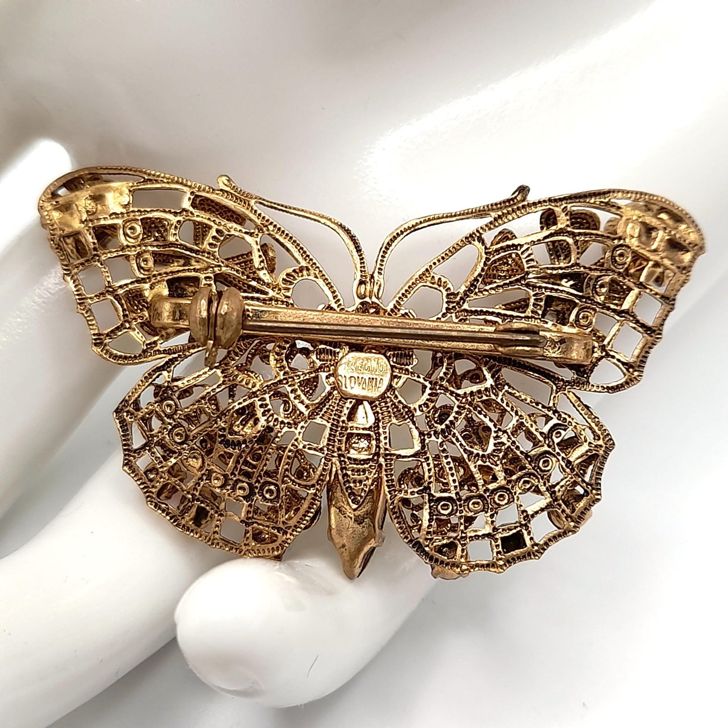 Vintage Filigree Butterfly Brooch, Czech Multicolored Rhinestones, Faux Pearls, 1940s