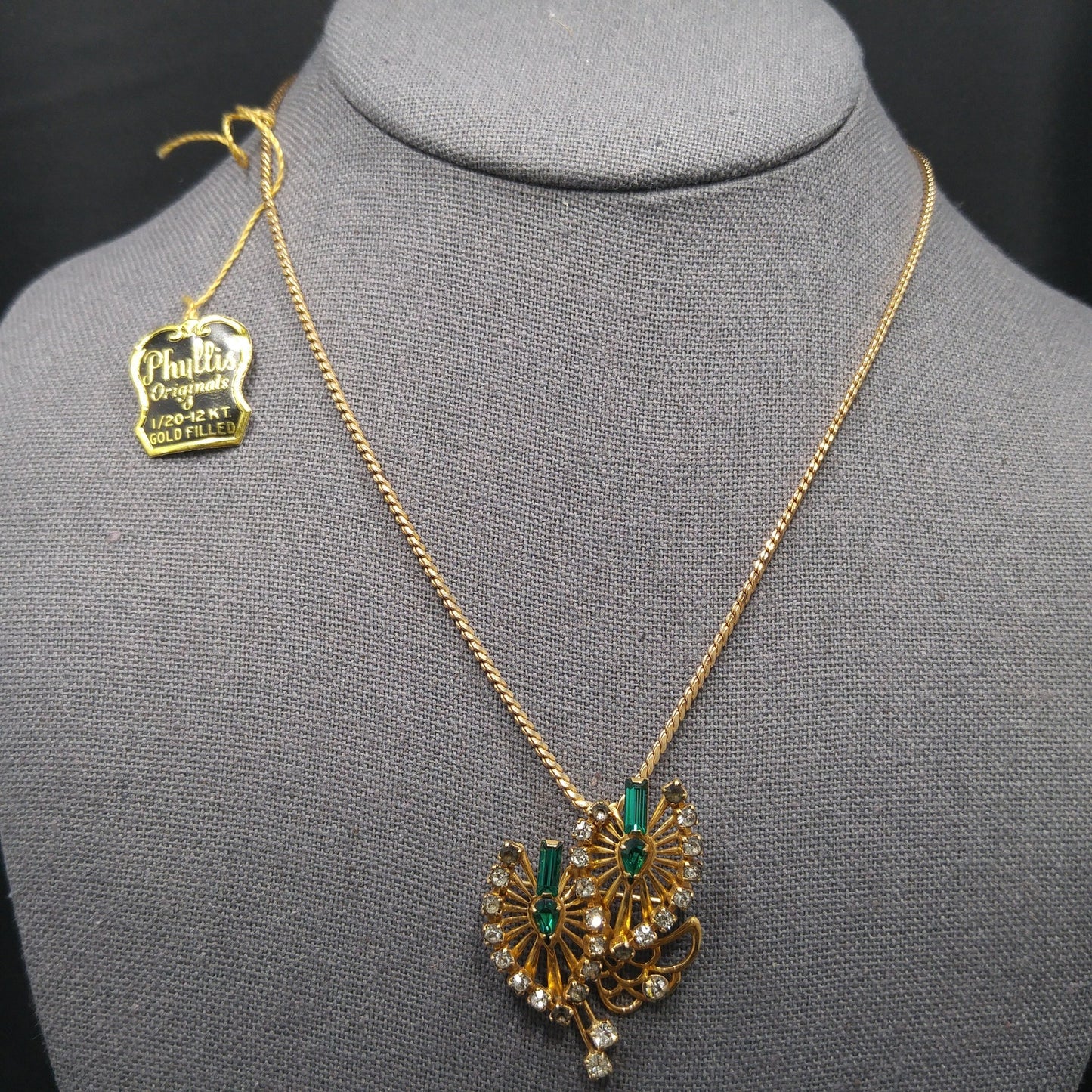 Phyllis Originals Green Rhinestone Pendant Brooch Necklace, Gold Filled, Paper Tag, 1950s Vintage Jewelry