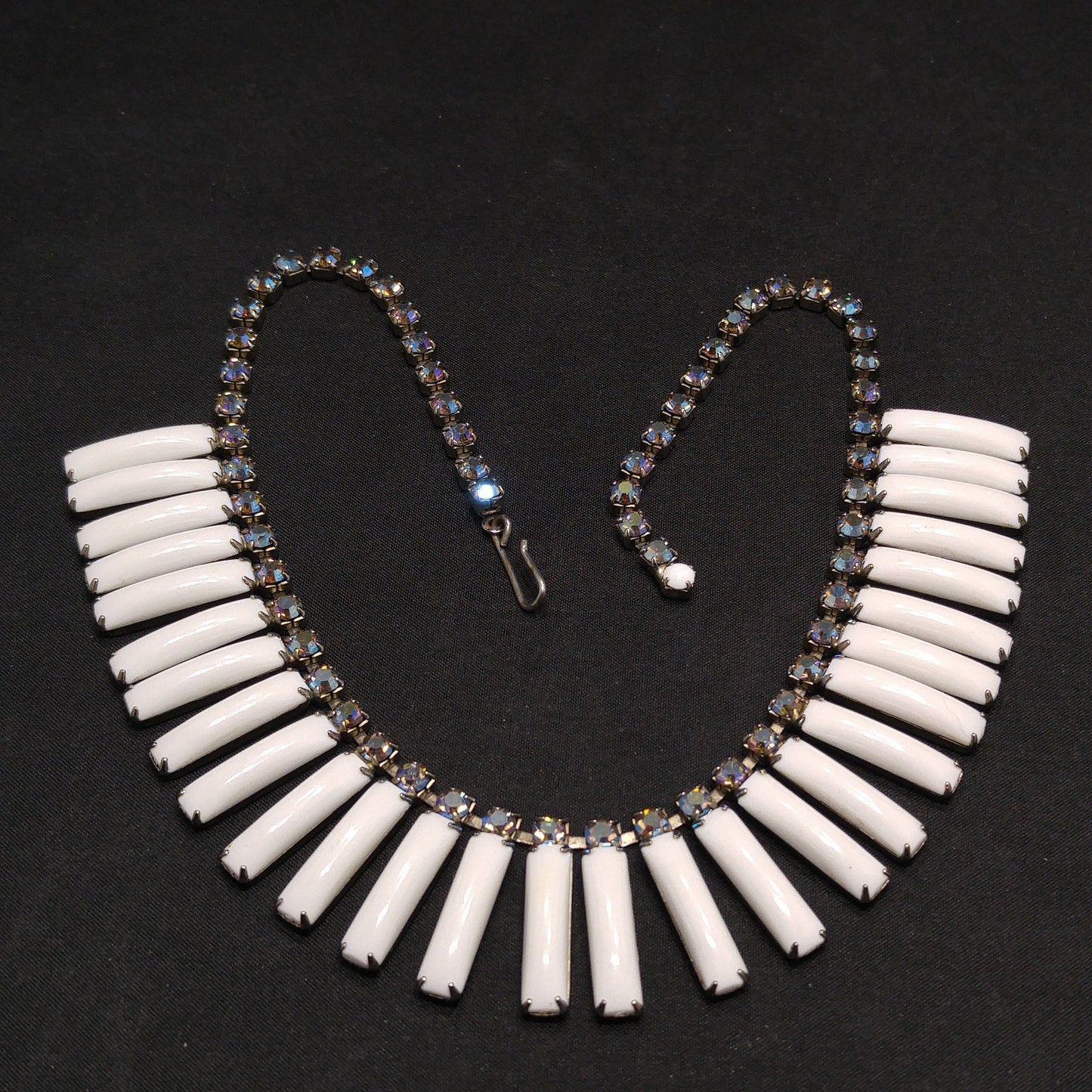 White Lucite Blue Aurora Borealis Rhinestones Necklace, Egyptian Revival Mid-Century, 1960s Vintage Jewelry