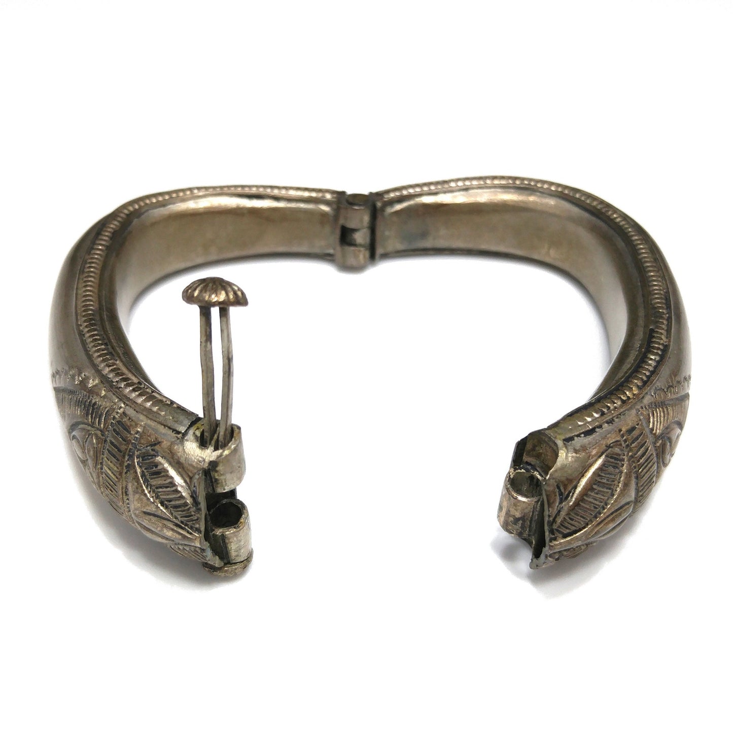 Tribal Embossed Hinged Bracelet, Plunger or Pin Clasp, Gold Wash, 1940s Vintage Jewelry