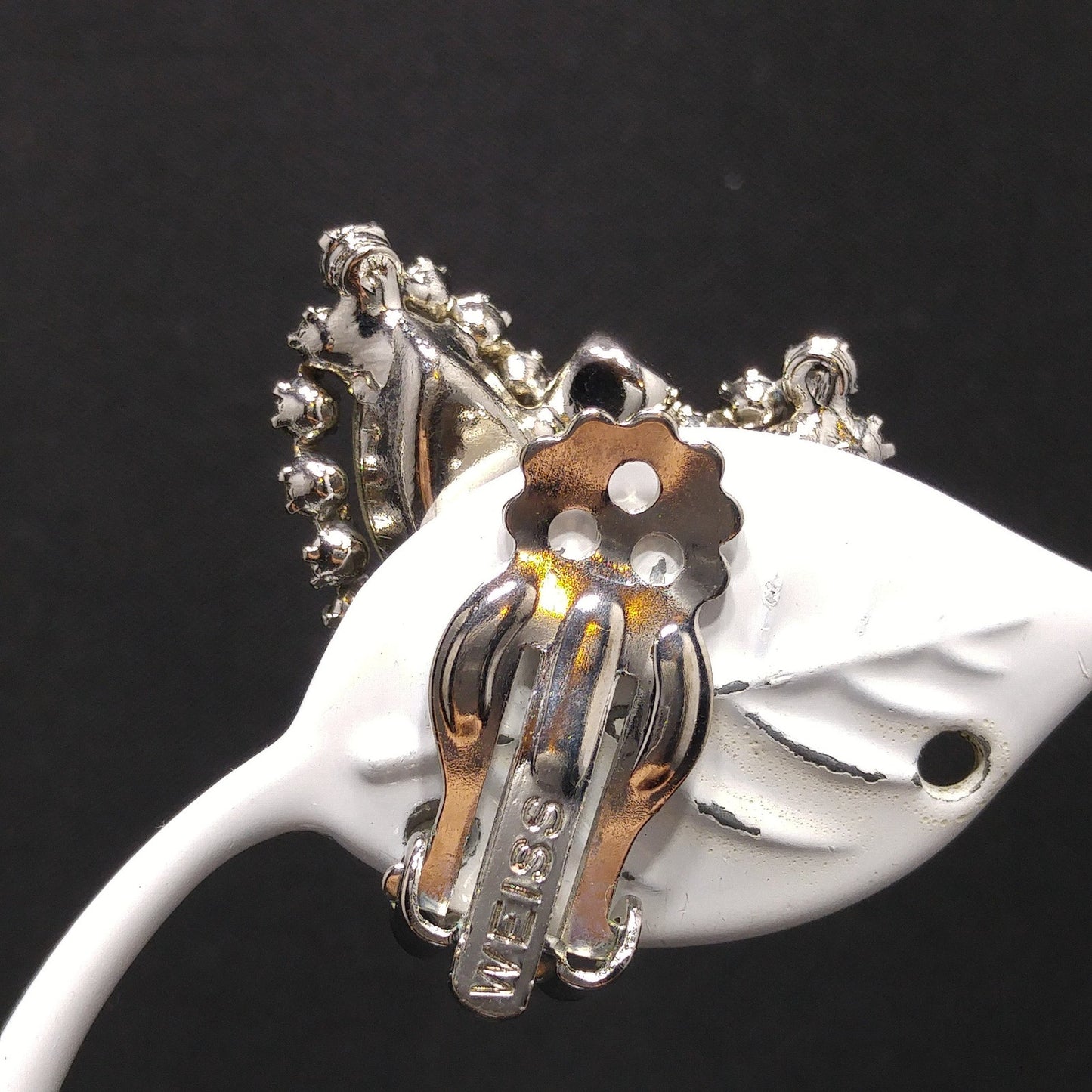 Weiss Clear Rhinestone Floral Earrings, Rhodium Plated, 1950s Vintage Jewelry