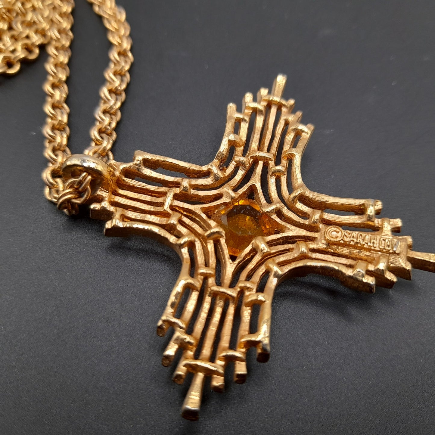Vintage Sarah Coventry 1970s Yellow Rhinestone Cross Pendant Necklace