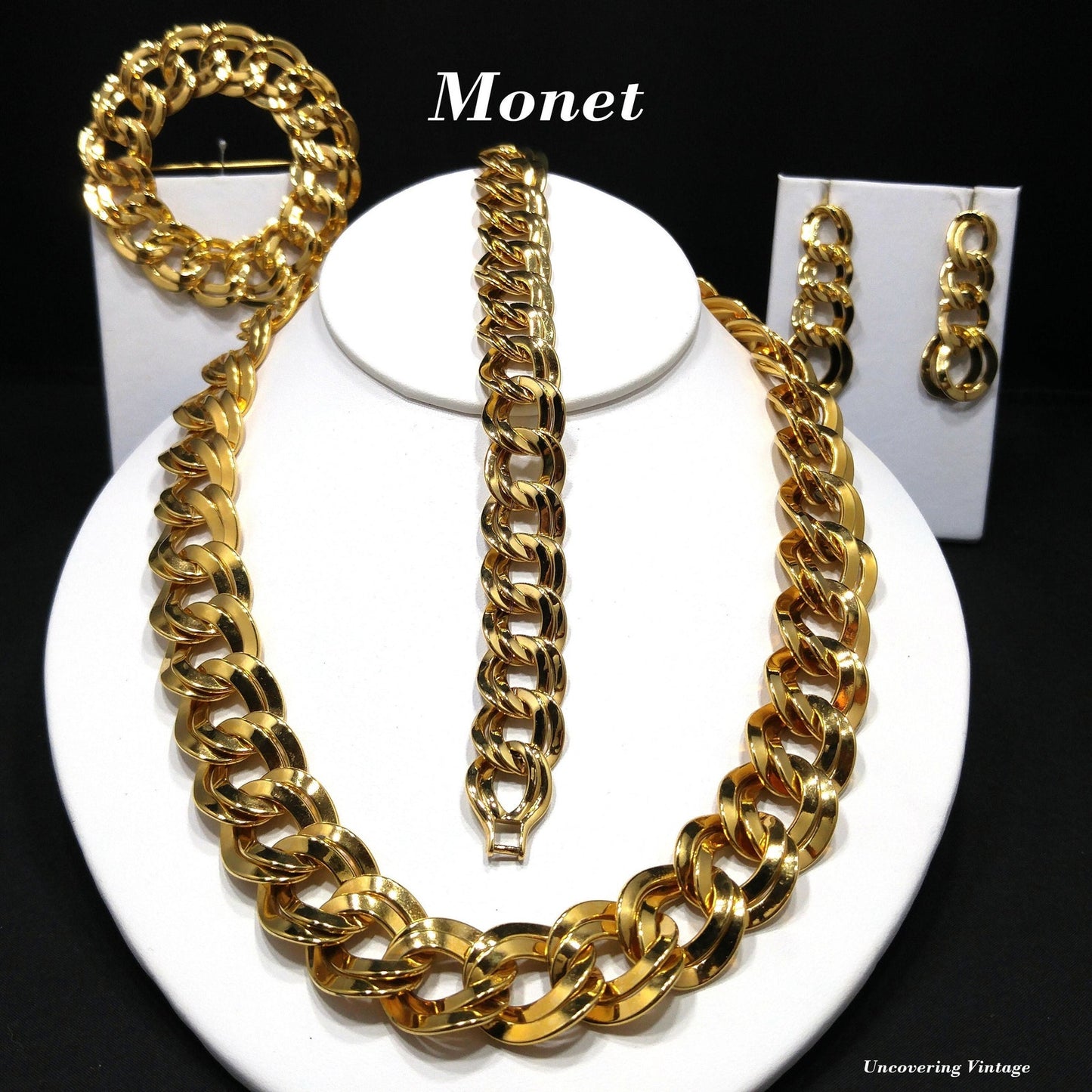 Monet Chunky Necklace Bracelet Brooch Earrings Set, Gold Plated, 1980s Vintage Jewelry