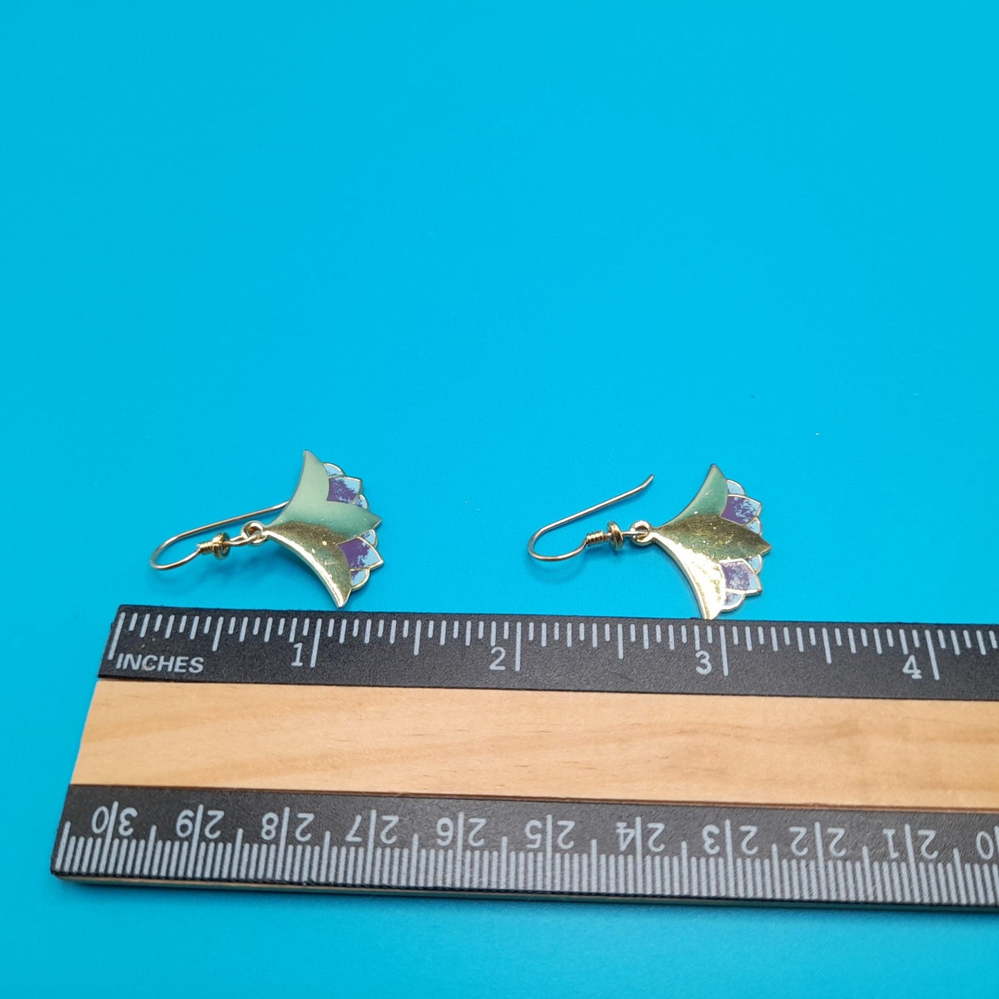 Laurel Burch "Nile Lotus" Drop Earrings, Gold Plated, Enamel Light Blue Purple, 1980s Vintage Jewelry