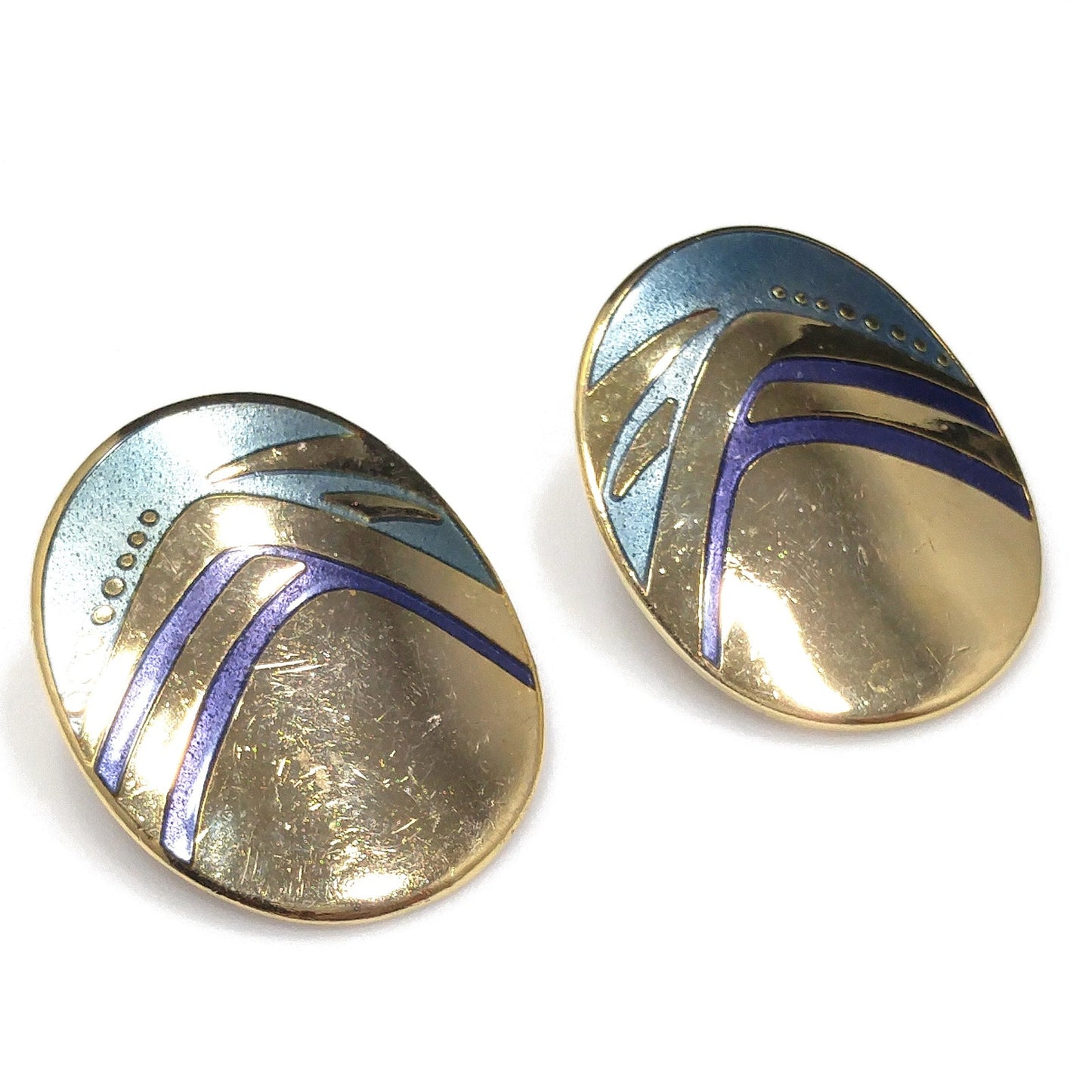 Laurel Burch Blue Metallic Oval Post Earrings, Gold Plated, 1980s Vintage