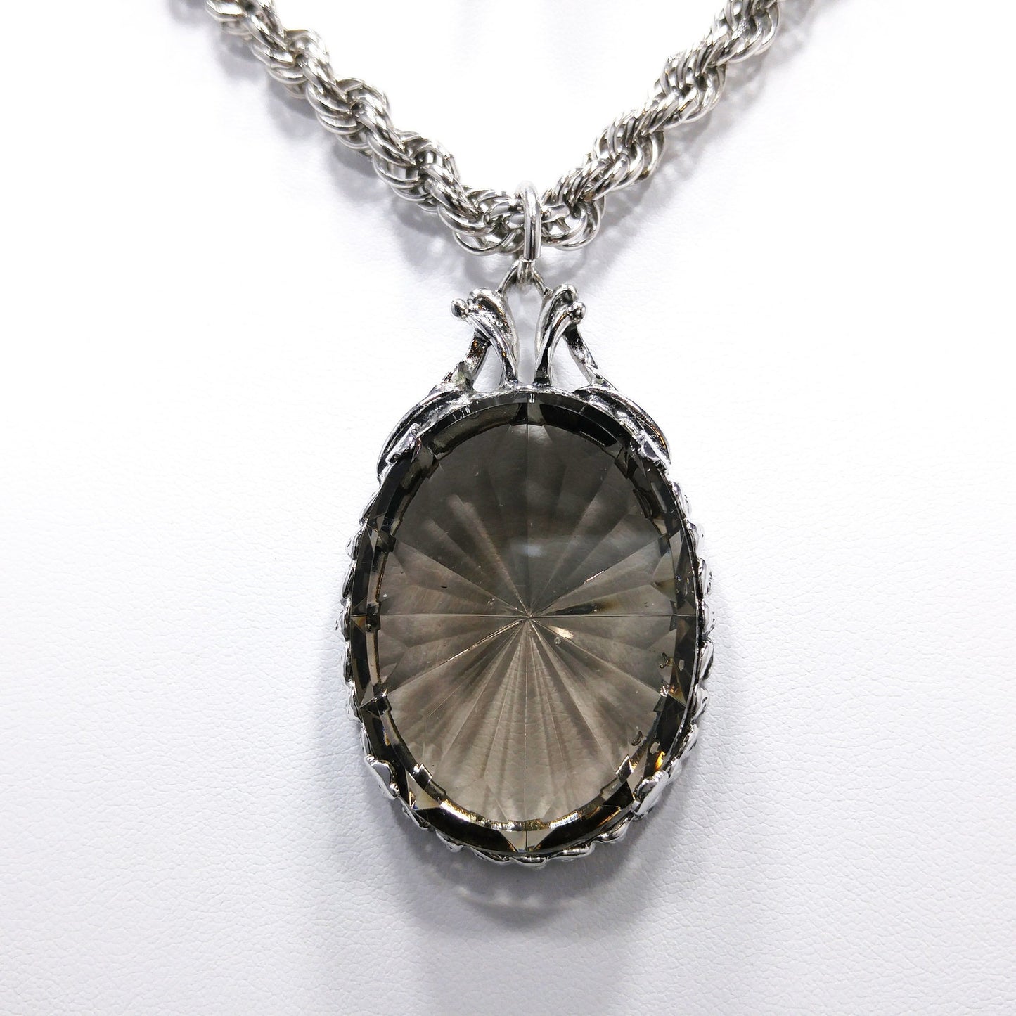 Whiting & Davis Smoky Tourmaline Faceted Pendant Necklace, Rope Chain, 1960s