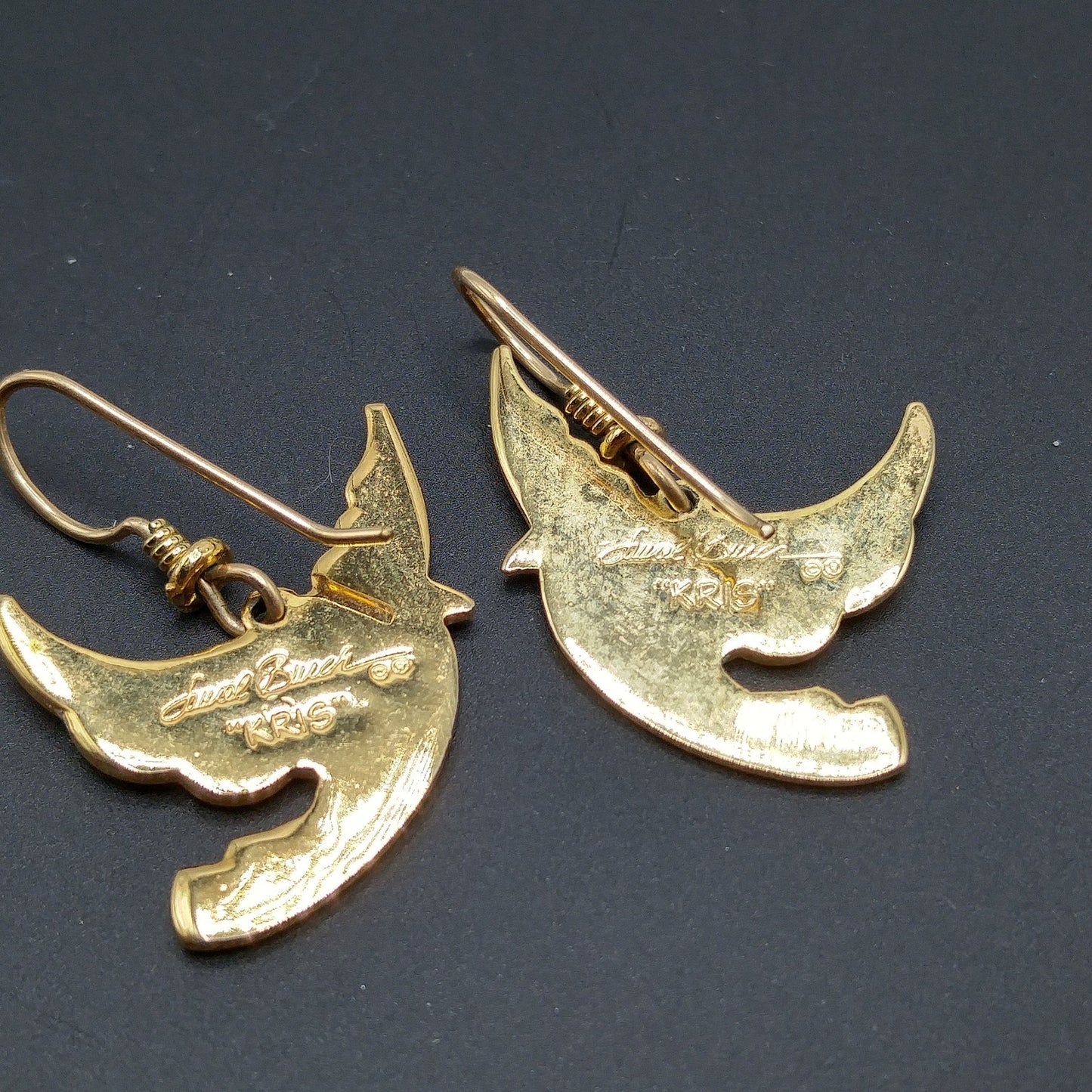 Vintage Laurel Burch "Kris" Red Bird Earrings, Cloisonne Enamel, Gold Plated