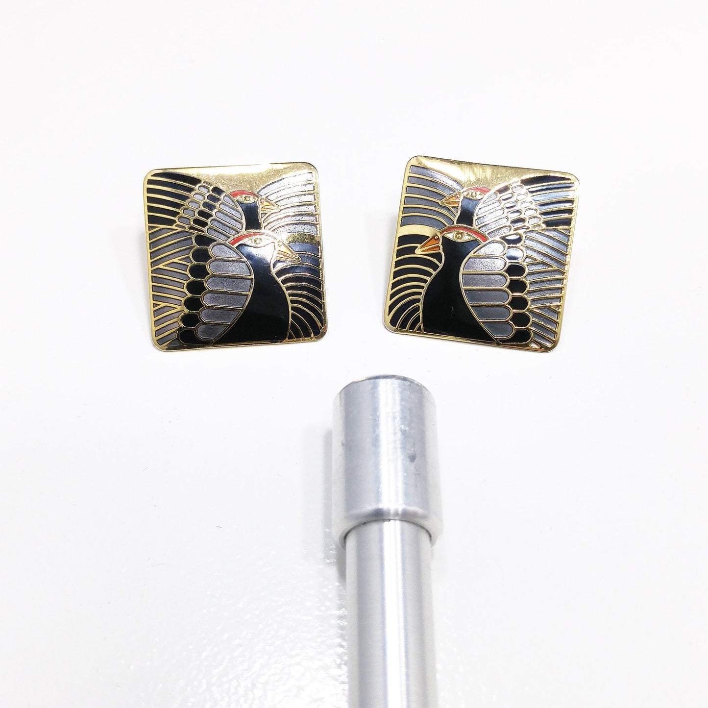 Laurel Burch "Moondoves" Post Earrings, Black Birds, Gold Plated, 1980s