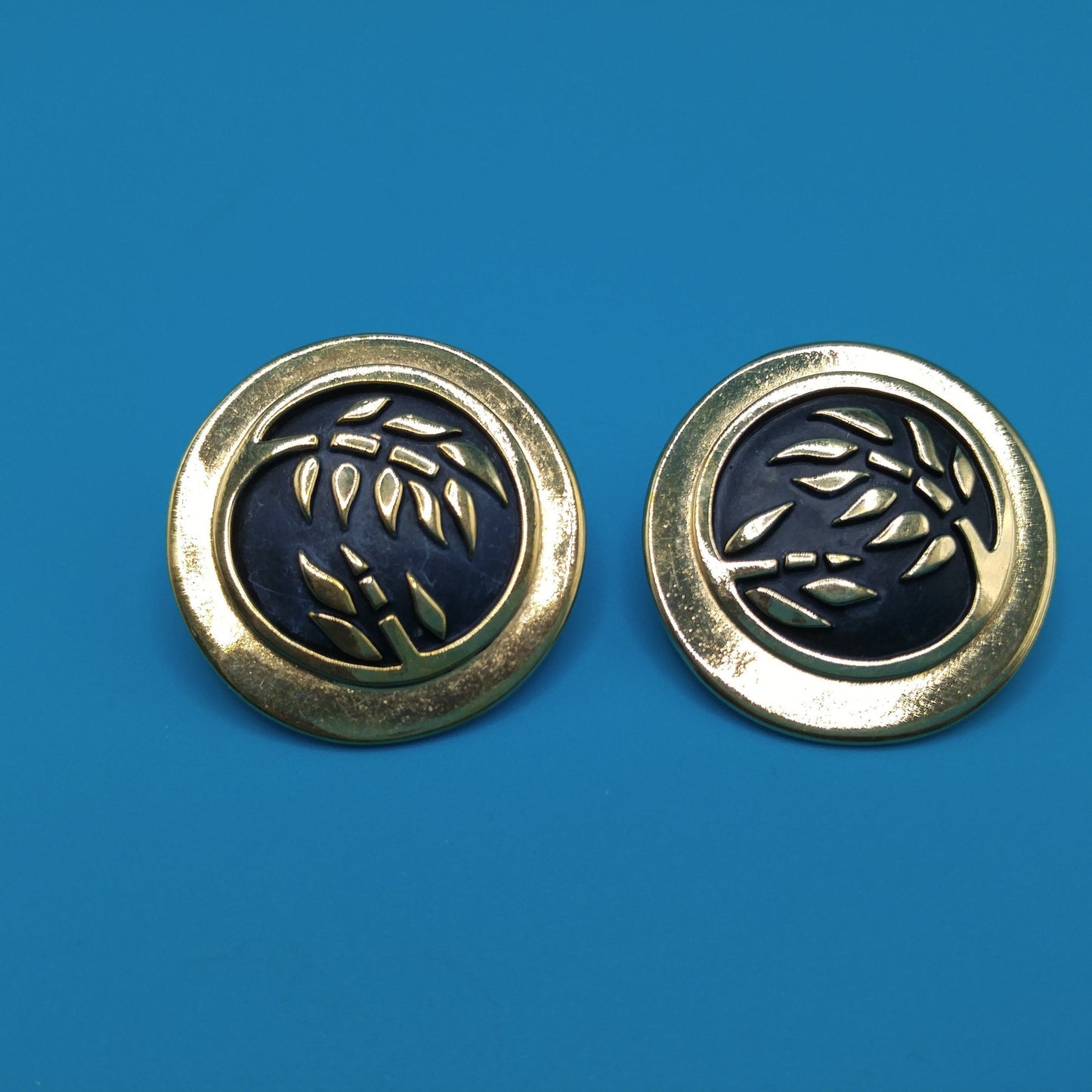 Laurel Burch Bamboo Large Post Earrings, Black Enamel, Gold Plated, 1980s Vintage Jewelry
