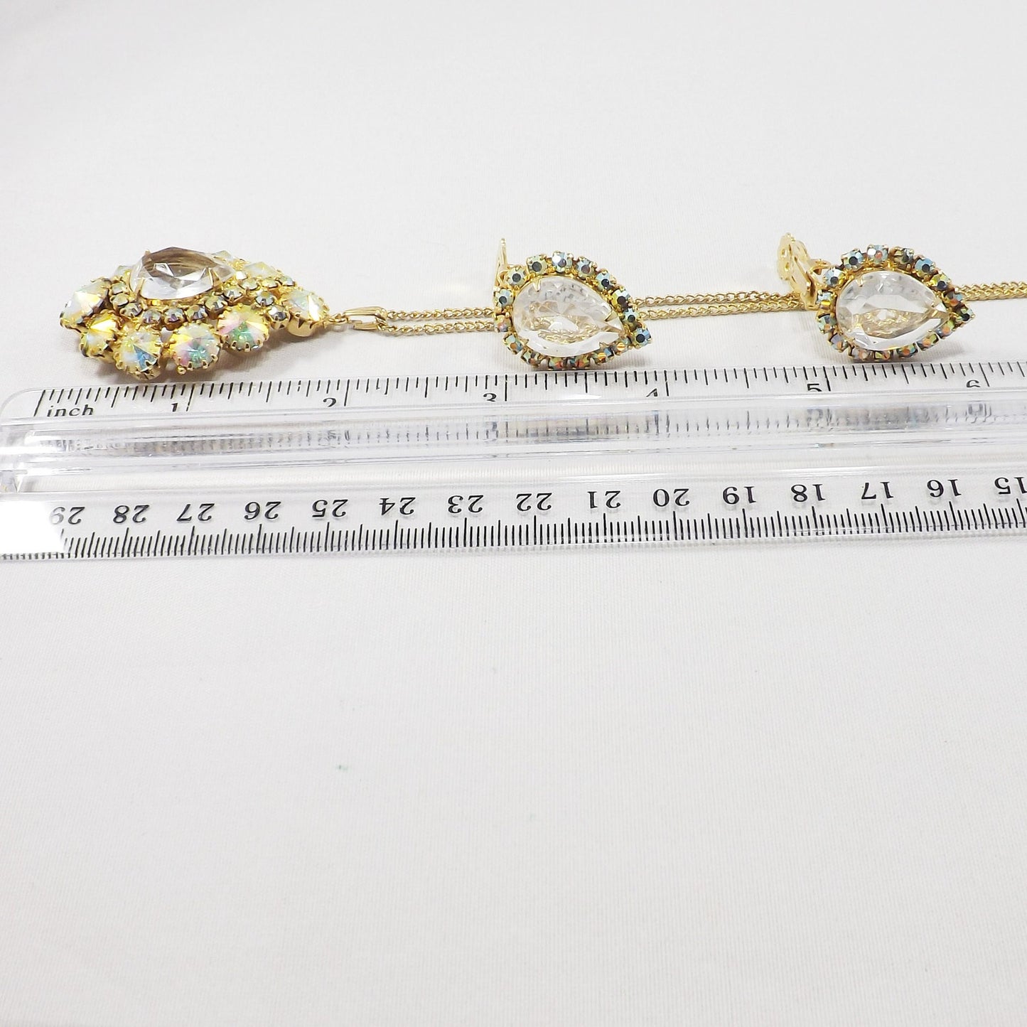 Vintage AB Pendant Necklace & Earrings, Rivoli Rhinestones, Gold Plated