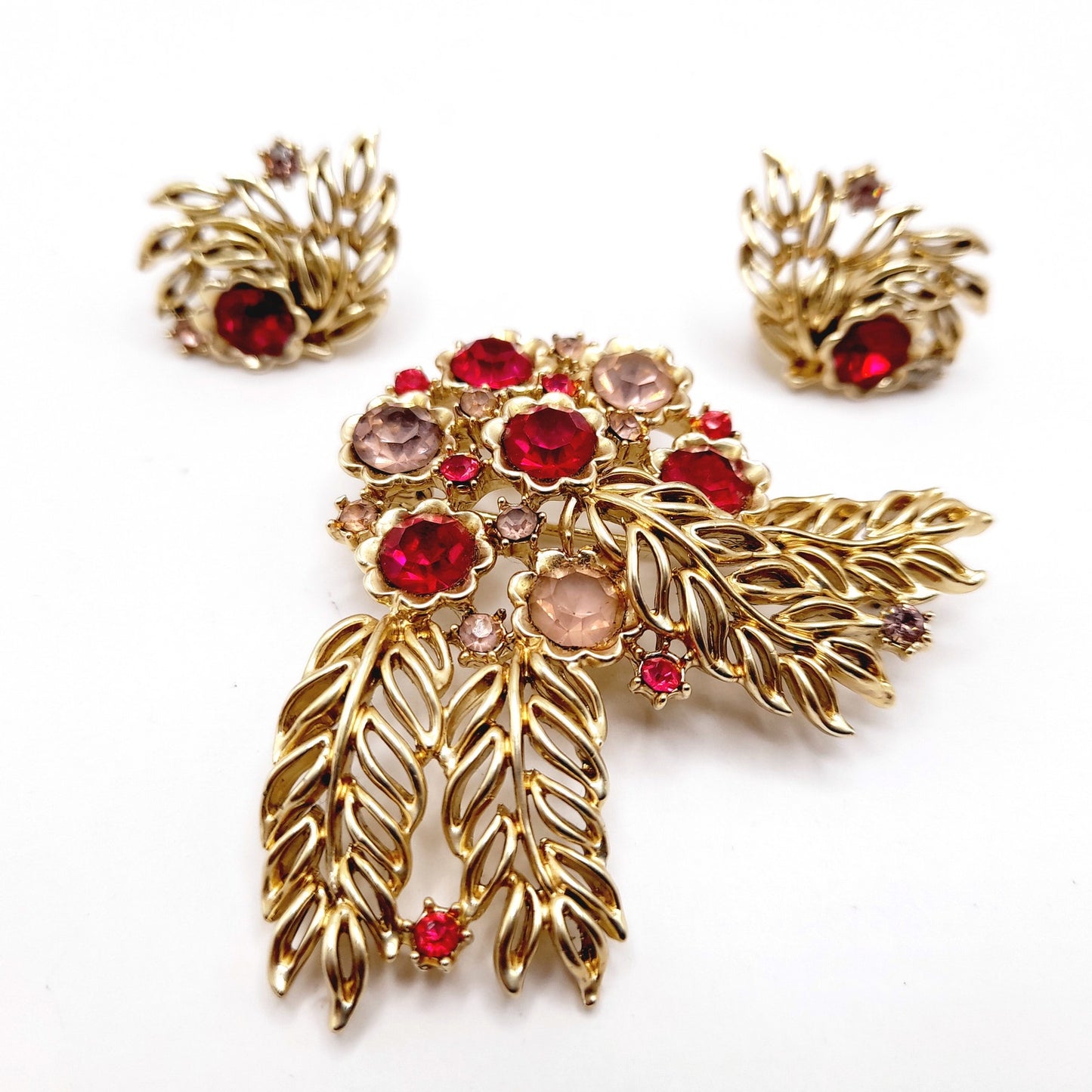 Vintage 1950s Pink Red Rhinestone Brooch Earrings Set, Gold Tone Floral Jewelry, Mid-Century Designer Statement Jewelry