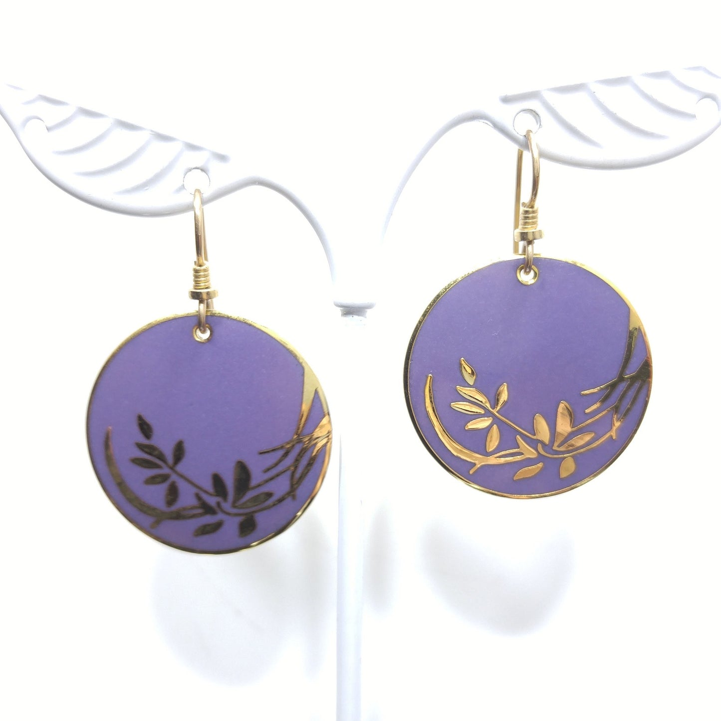 Vintage Laurel Burch Lavender Floral Earrings, Gold Plated Cloisonne
