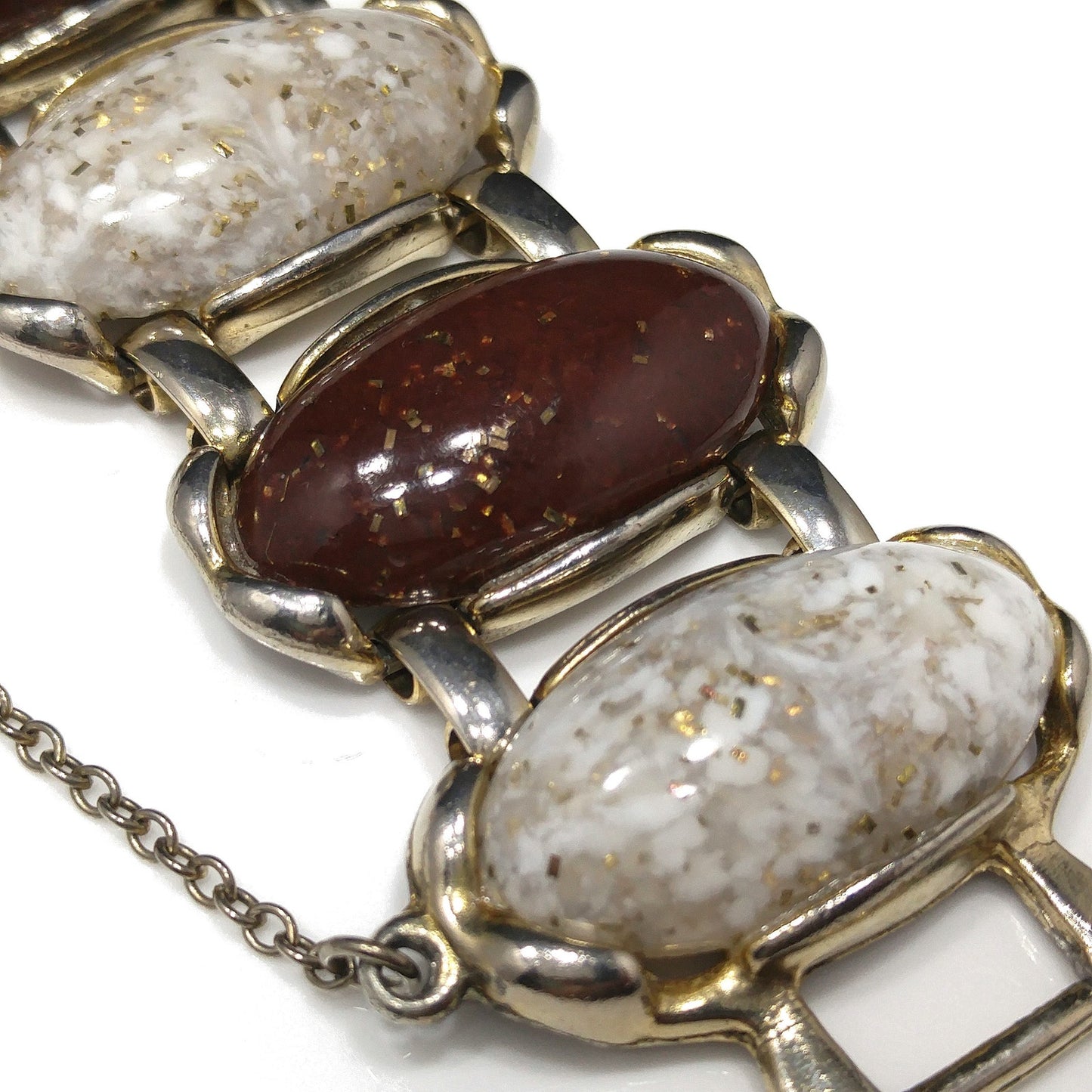 Lucite Confetti Cab Bracelet & Earrings, Gold Glitter Cabochons, 1950s Vintage Jewelry