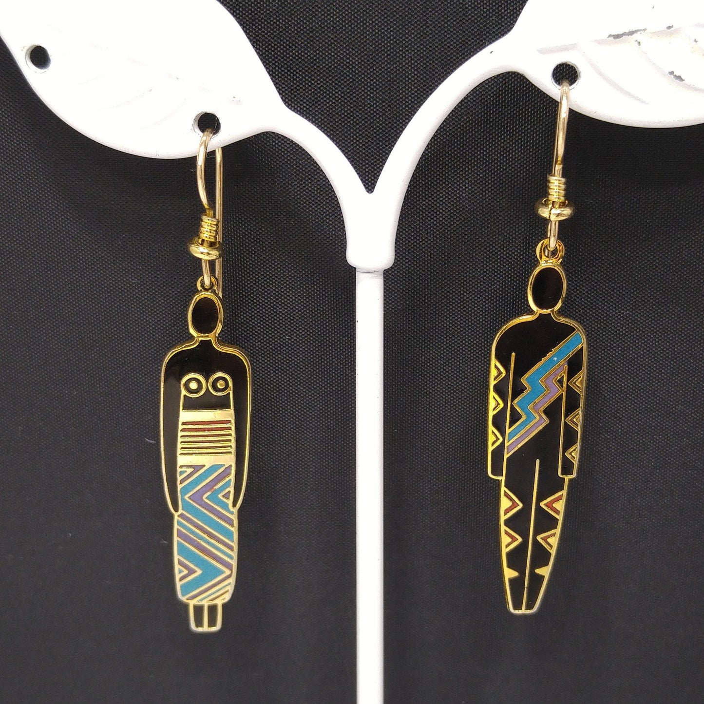 Laurel Burch "Man" & "Woman" Tribal Earrings, Gold Plated, 1980s Vintage Jewelry