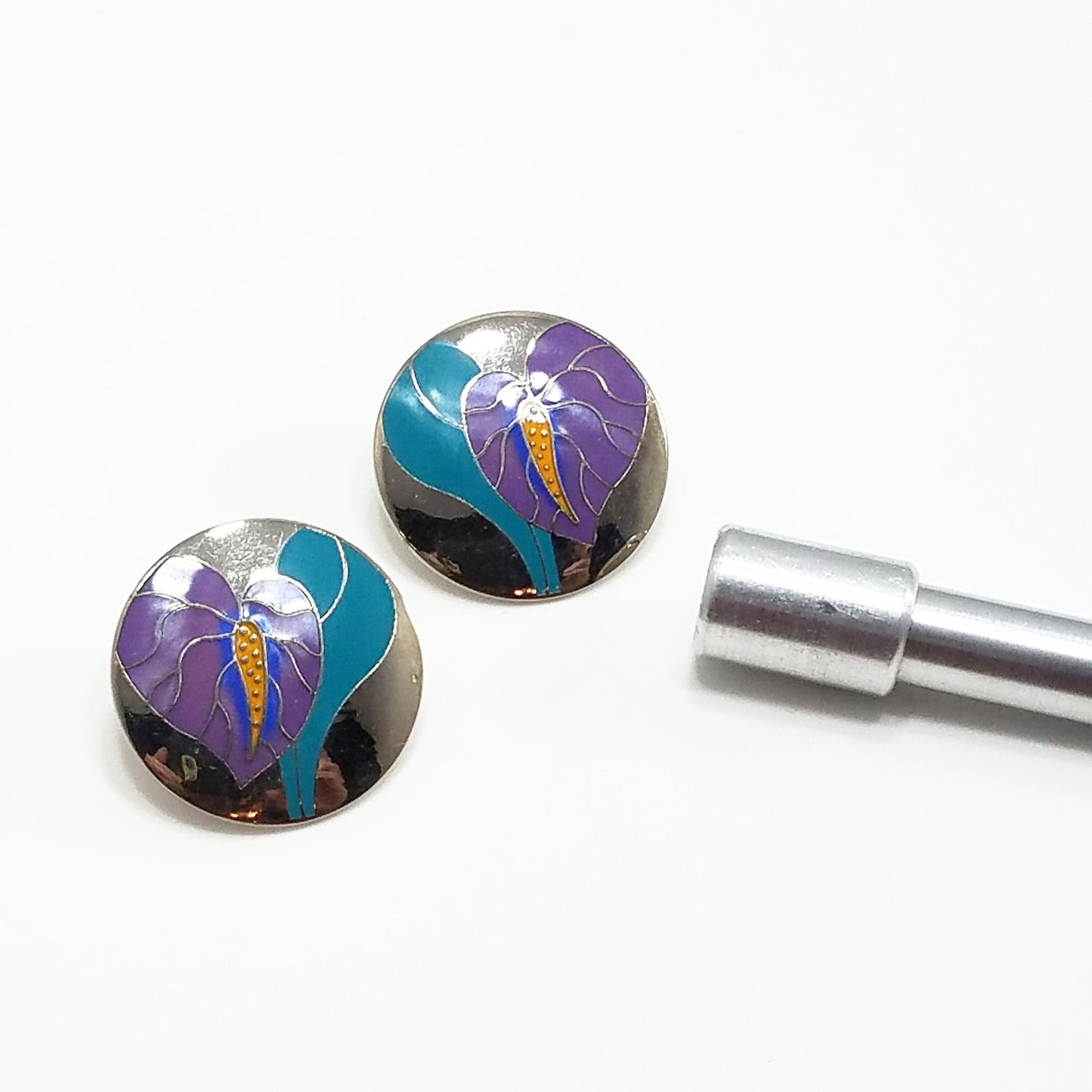 Vintage Laurel Burch "Antherium" Earrings, Rhodium Plated, 1980s Vintage Jewelry