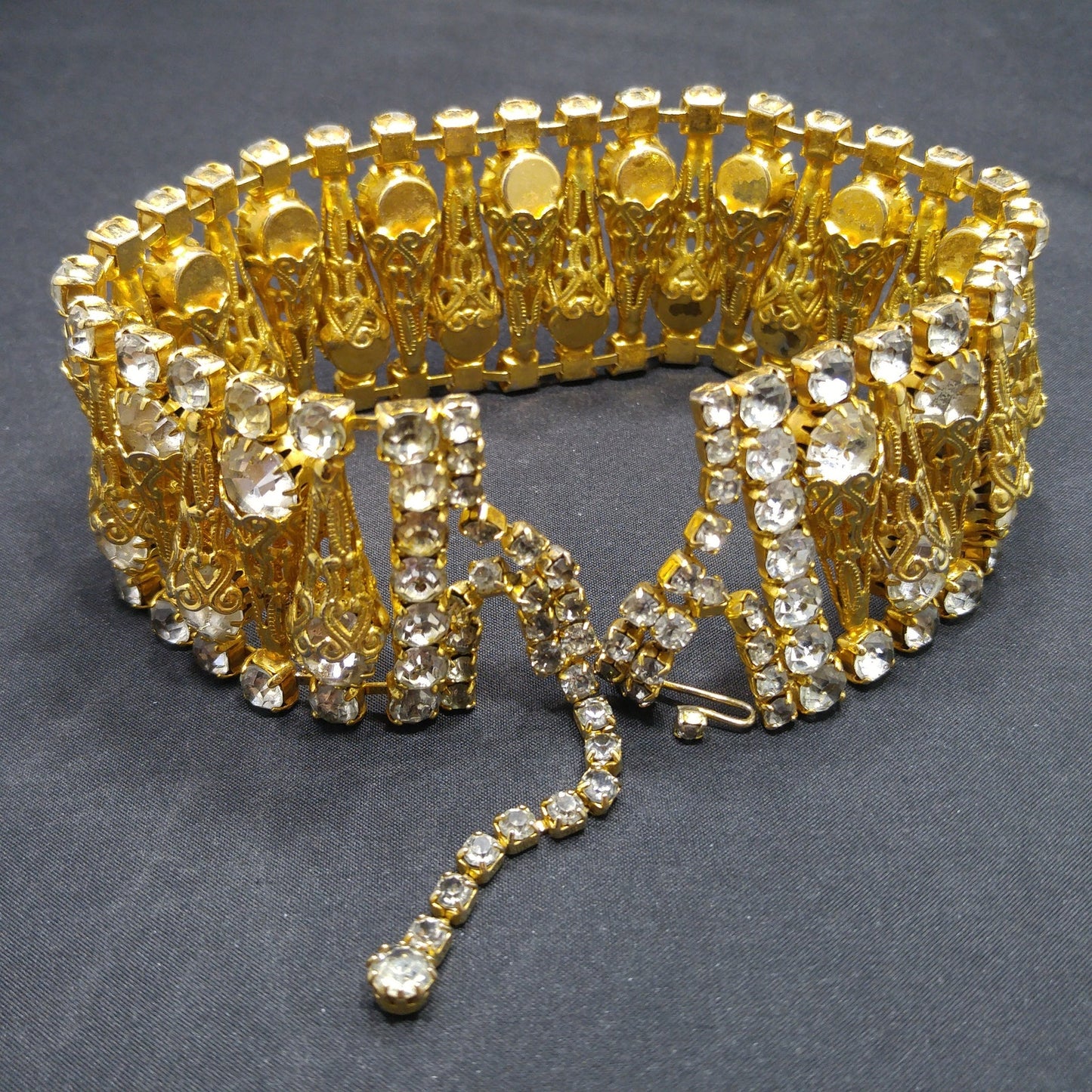 Vintage Filigree Cone Wide Choker Necklace, Gray Crystal Rhinestones, 1960s Vintage Jewelry