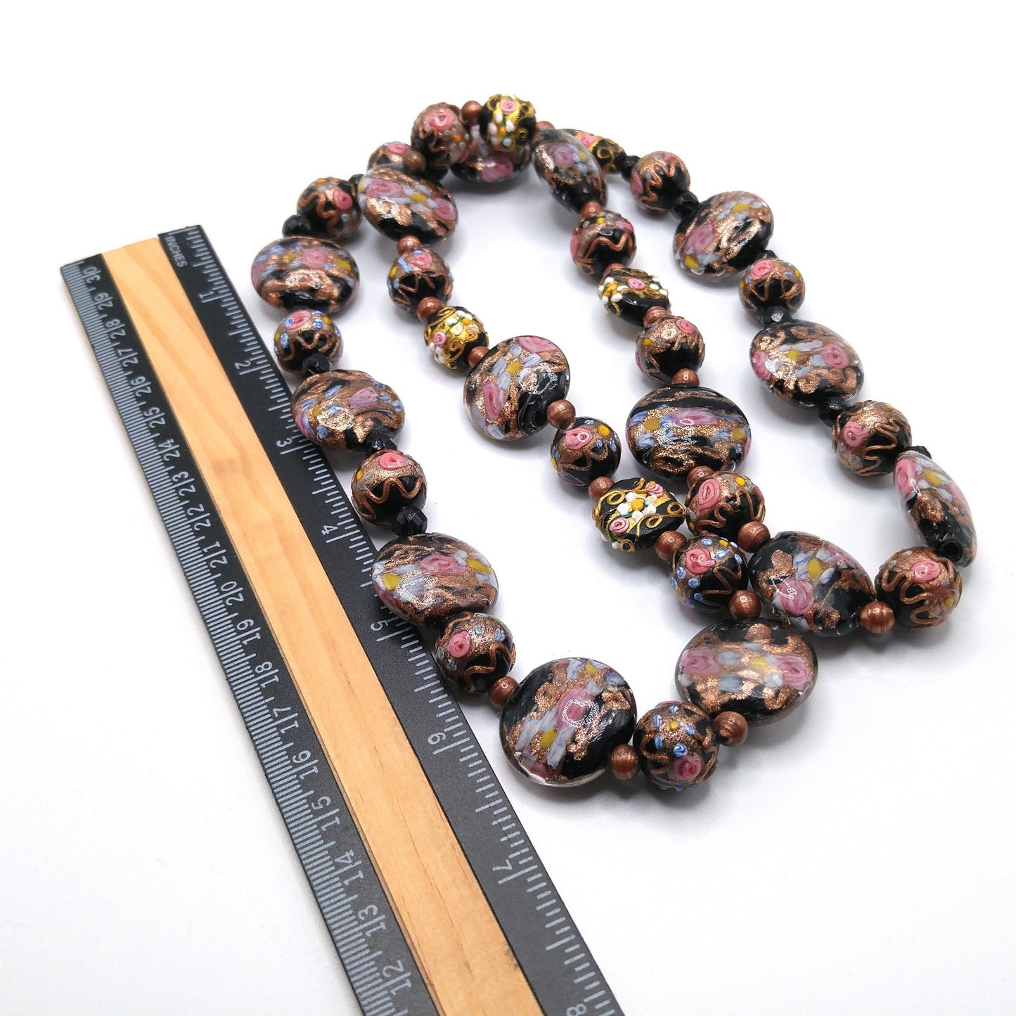 Vintage Italian Wedding Cake Glass Necklace, Black Gold Copper Venetian Lampwork Beads, 1940s Vintage Jewelry