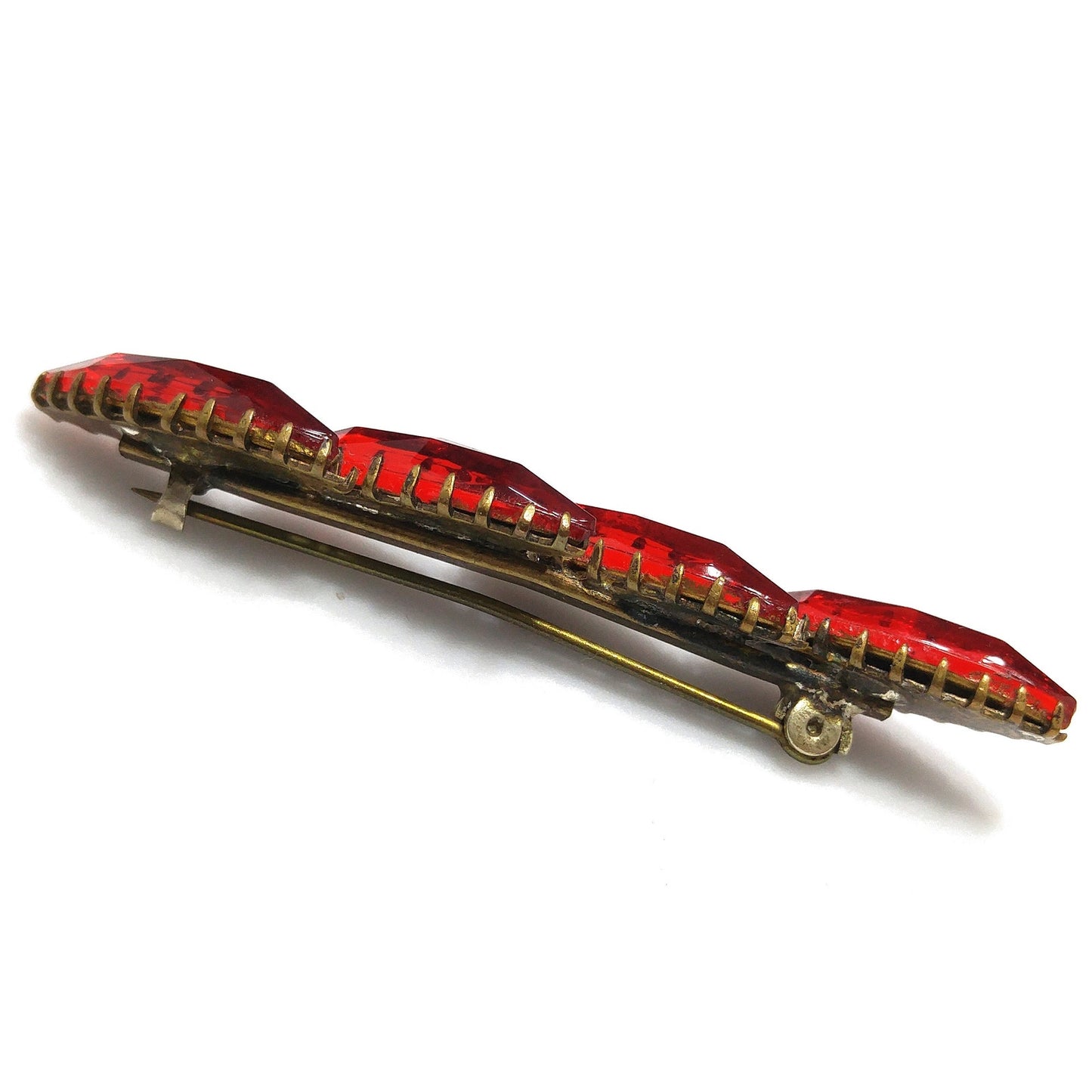 Victorian Red Rhinestone Bar Brooch, Dogtooth Prongs, 1900s Antique Jewelry